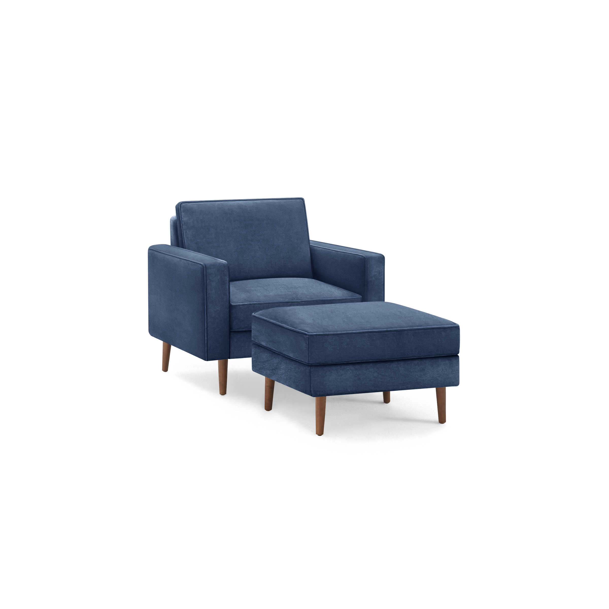 modern navy blue upholstered armchair with matching ottoman, featuring tapered wooden legs and a sleek backrest