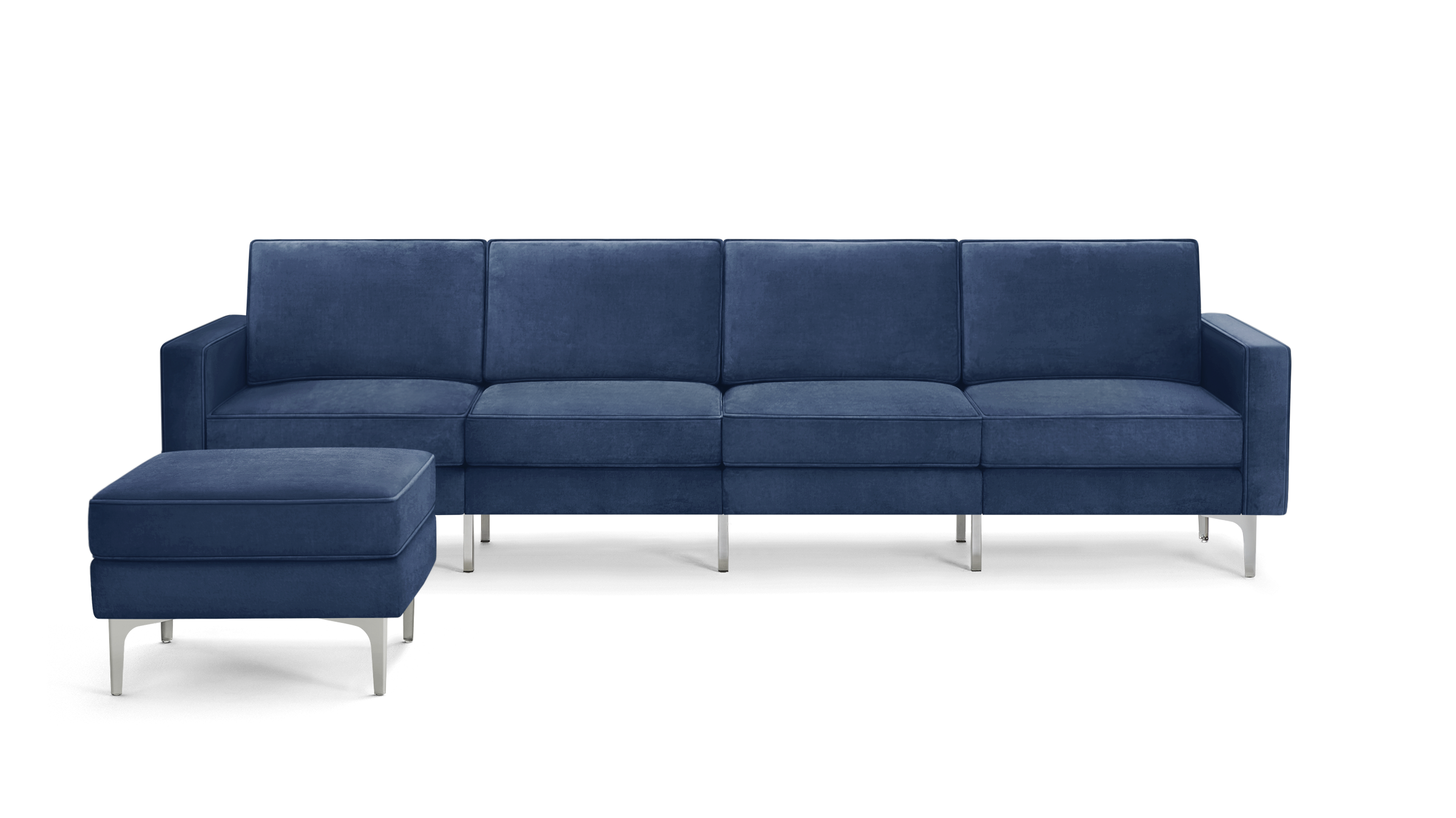 modern blue velvet sectional sofa with matching ottoman and chrome legs, featuring clean lines and clean lines on the back, and clean lines on the arms