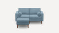 modern light blue fabric sofa with matching ottoman and wooden legs, featuring a rounded backrest and a rounded cushion on the right side
