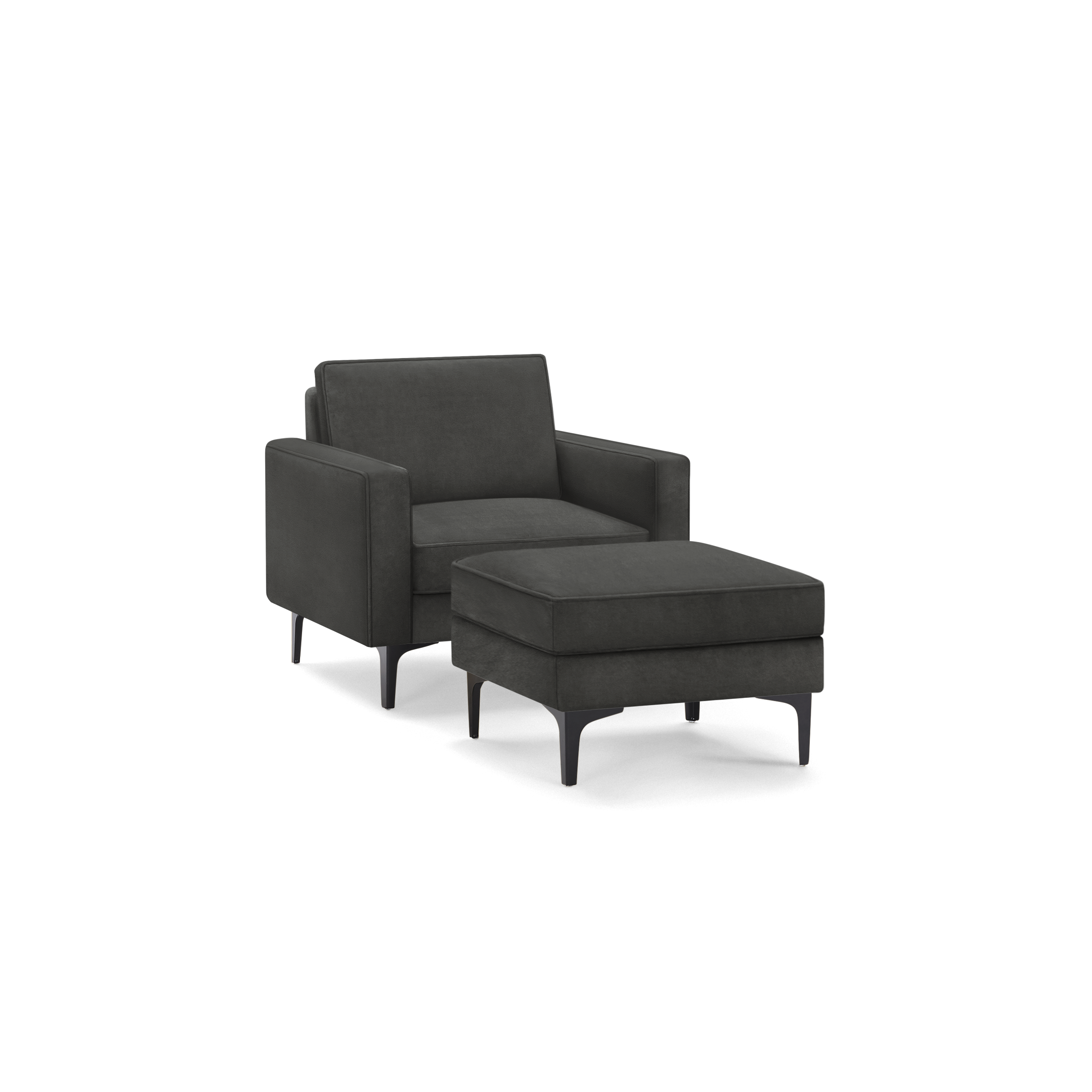 modern dark gray fabric armchair with matching ottoman, featuring tapered legs and a sleek backrest