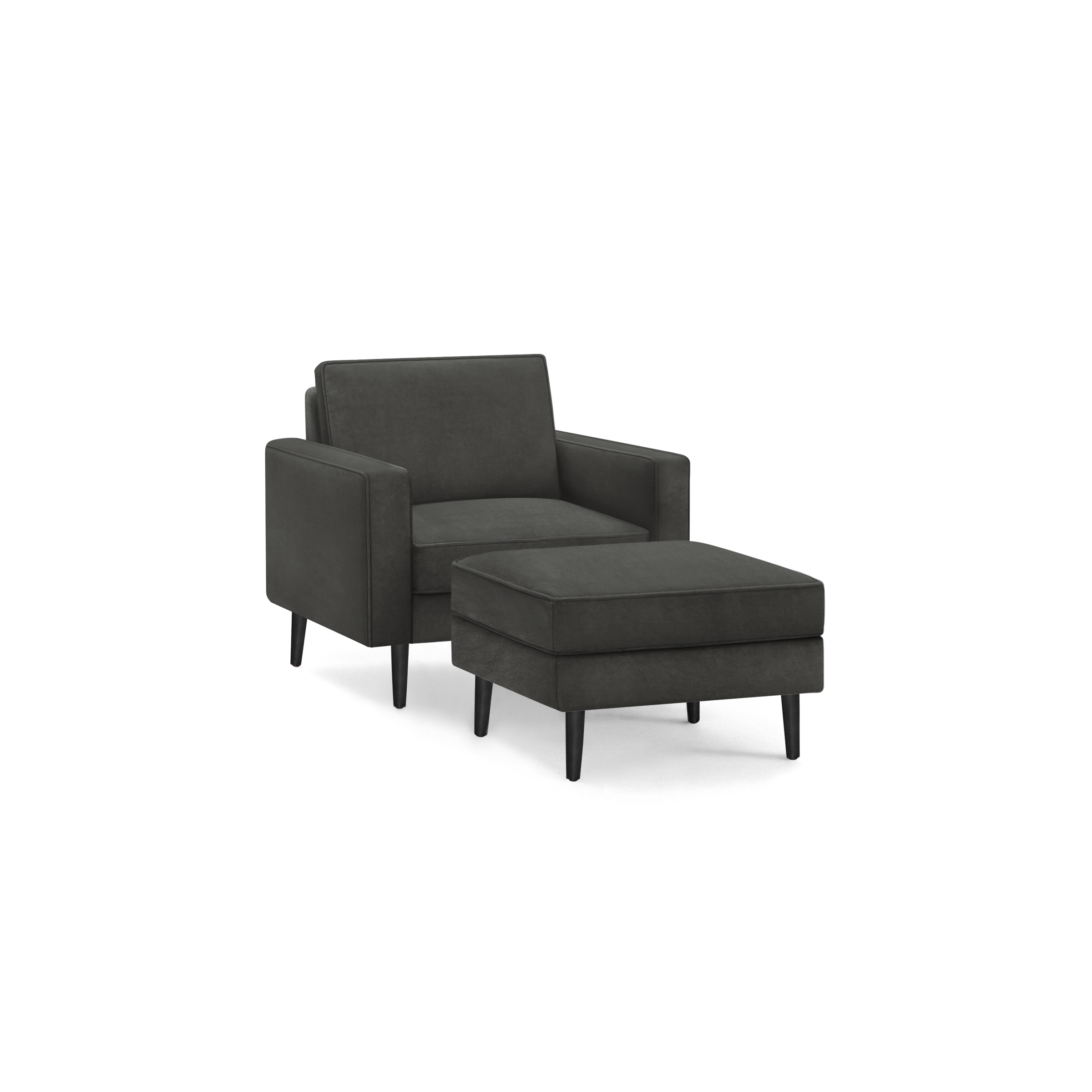 modern dark gray upholstered armchair with matching ottoman, featuring tapered legs and a sleek backrest