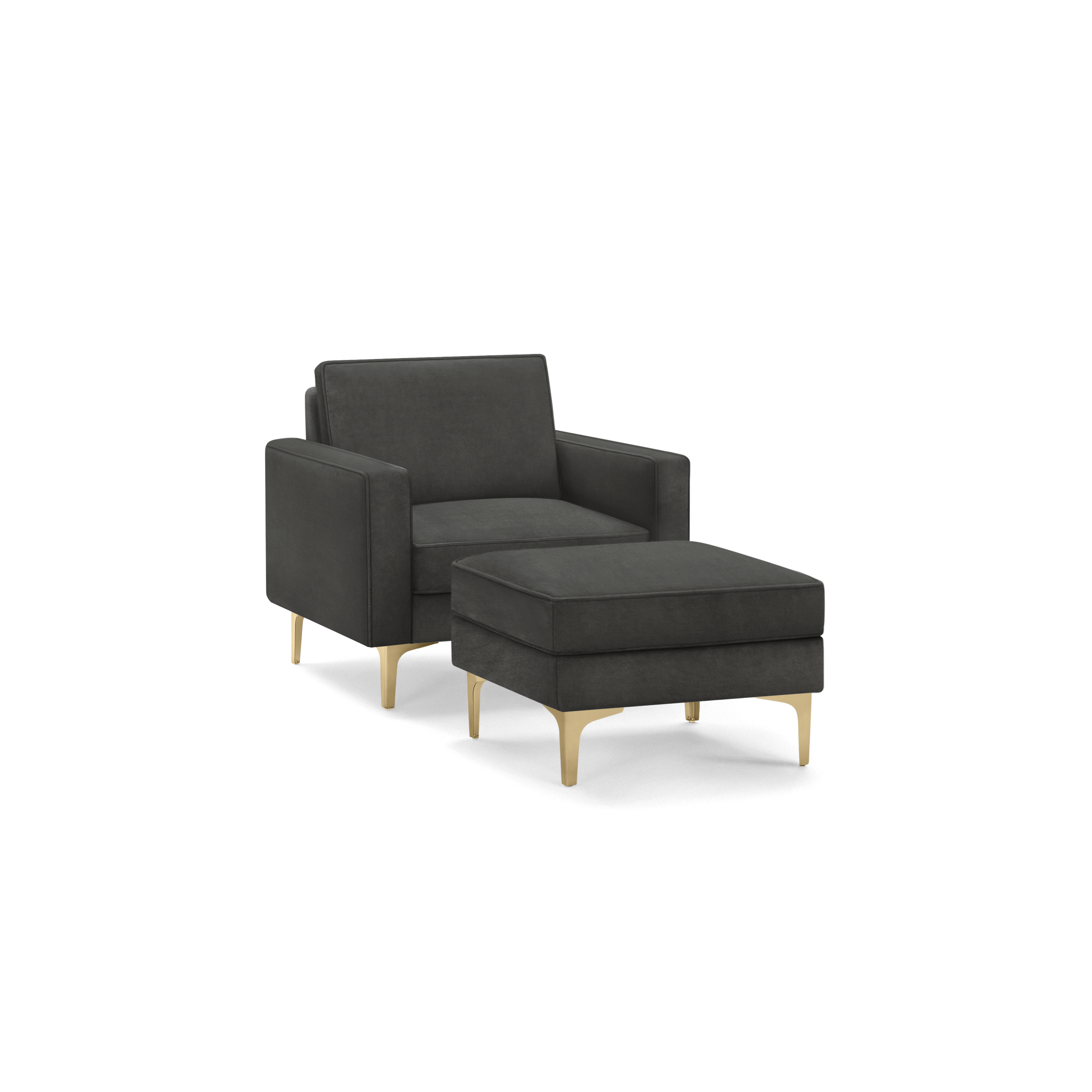 modern dark gray upholstered armchair with matching ottoman, featuring tapered legs and a gold - toned metal frame