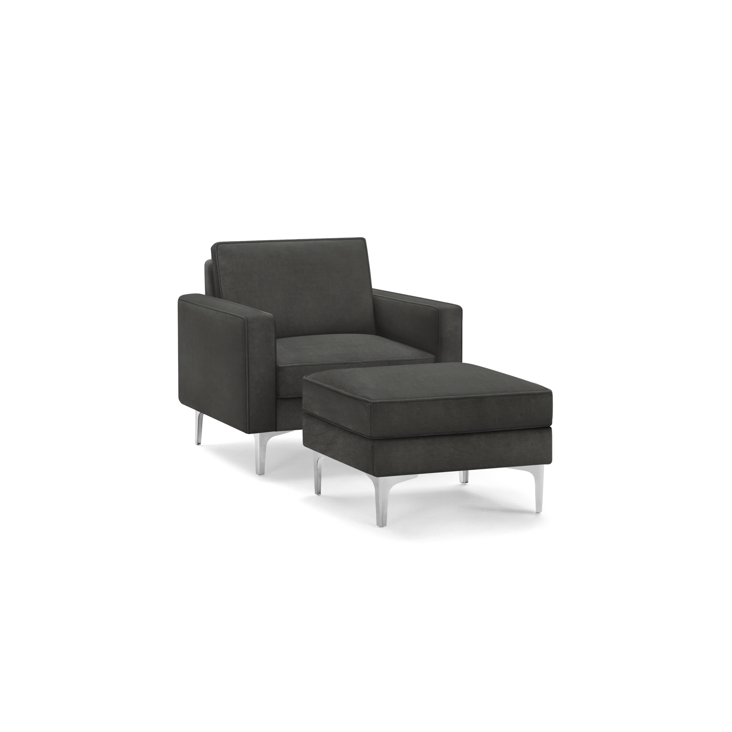 modern dark gray fabric armchair with matching ottoman, featuring a sleek metal frame and sleek metal legs