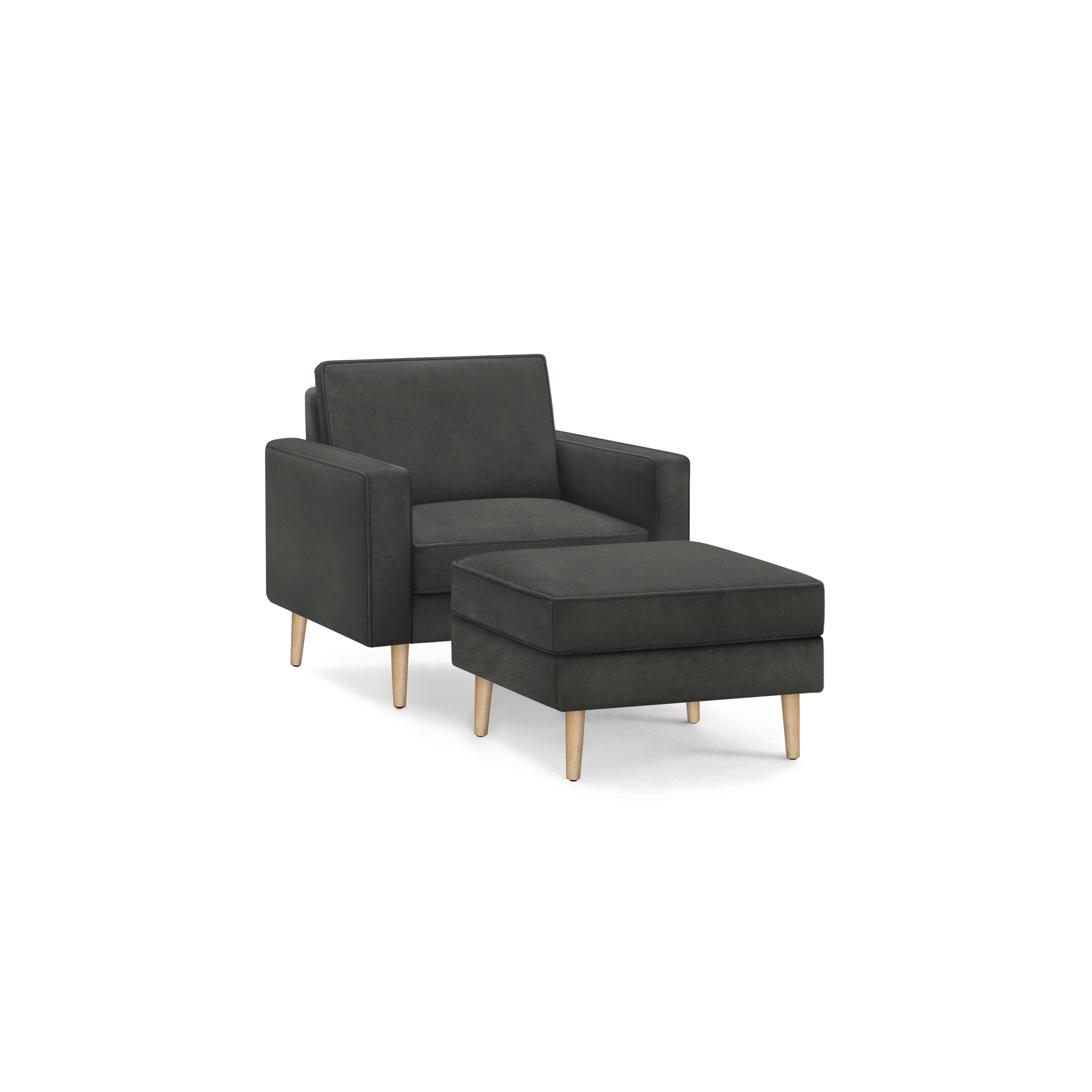 modern dark gray upholstered armchair with wooden legs and a matching ottoman, featuring a sleek design and clean lines
