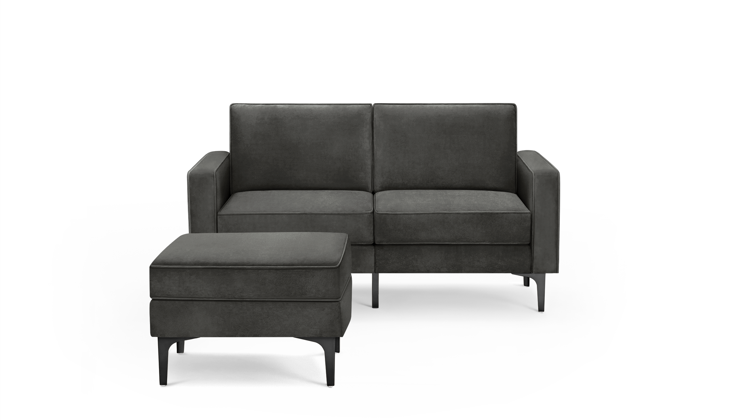 modern dark gray fabric sectional sofa with matching ottoman, featuring a sleek black metal frame and sleek black metal legs