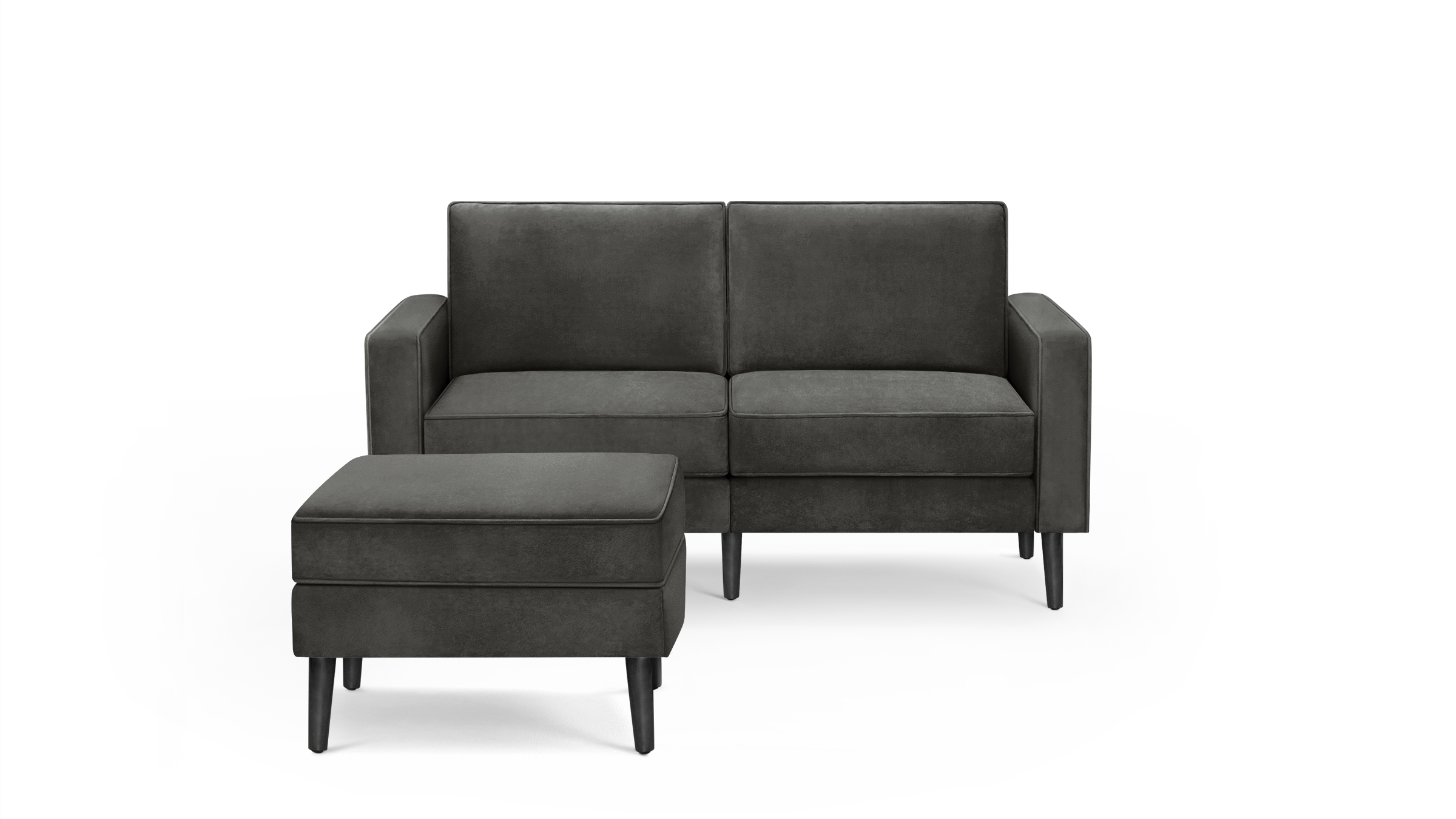 modern dark gray fabric sectional sofa with matching ottoman and matching ottoman, featuring tapered wooden legs, and a sleek design