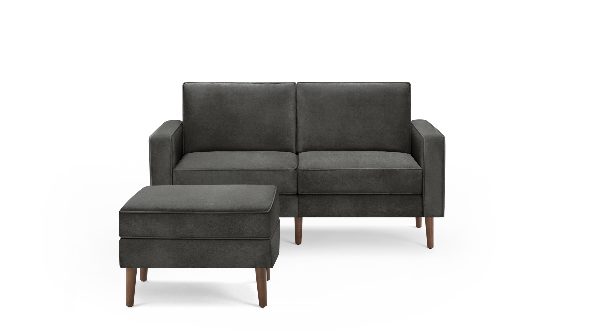 modern dark gray fabric sectional sofa with matching ottoman and wooden legs, featuring a clean, minimalist design