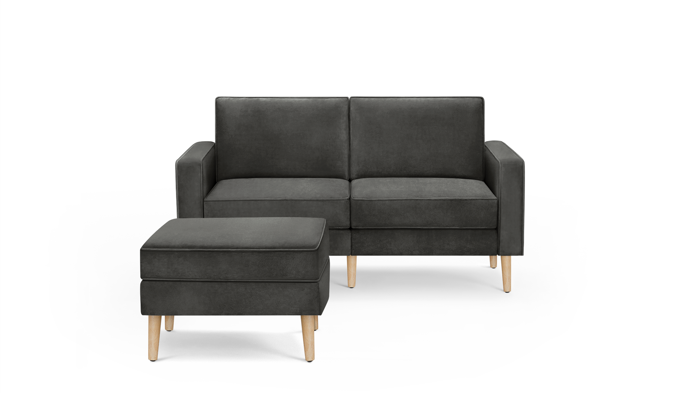 modern dark gray fabric sectional sofa with matching ottoman and wooden legs, featuring a clean, minimalist design