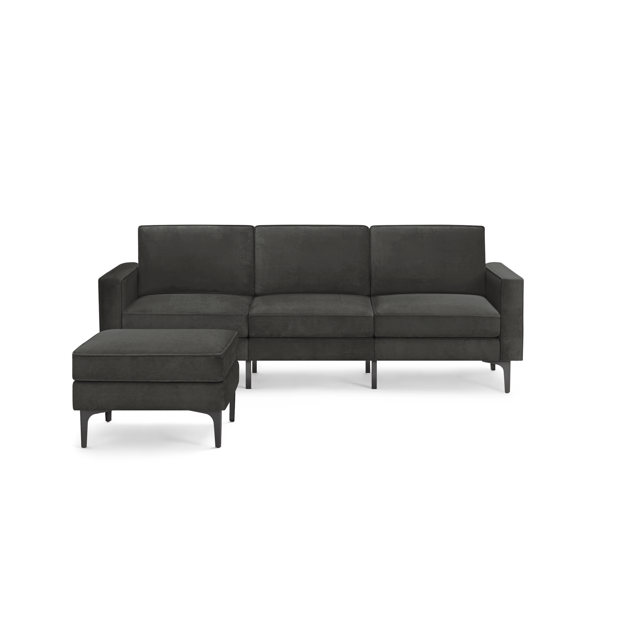 modern dark gray sectional sofa with chaise lounge and matching ottoman, featuring sleek lines and sleek lines