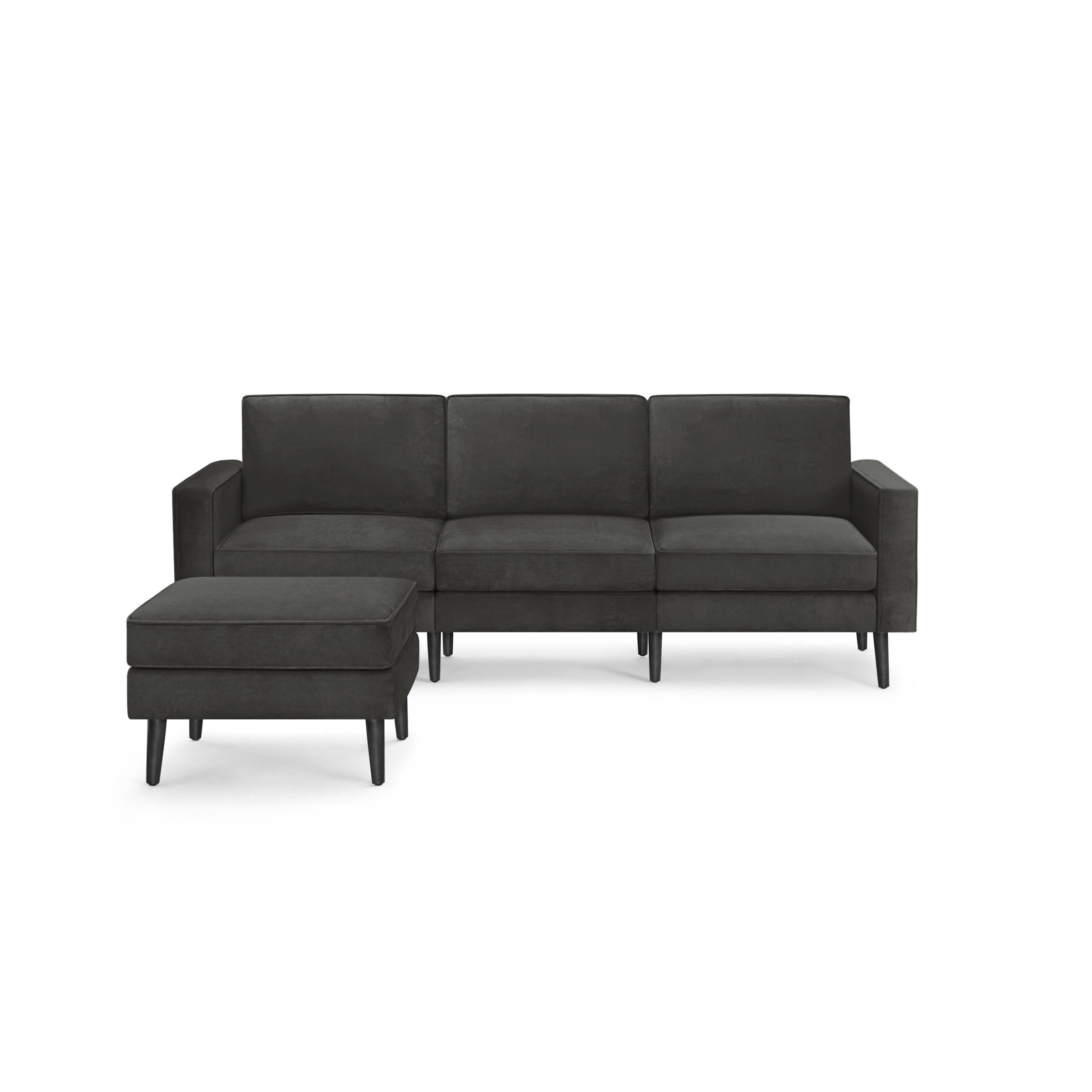 modern dark gray fabric sectional sofa with black metal legs and clean lines on the back, featuring a chaise lounge and matching ottoman
