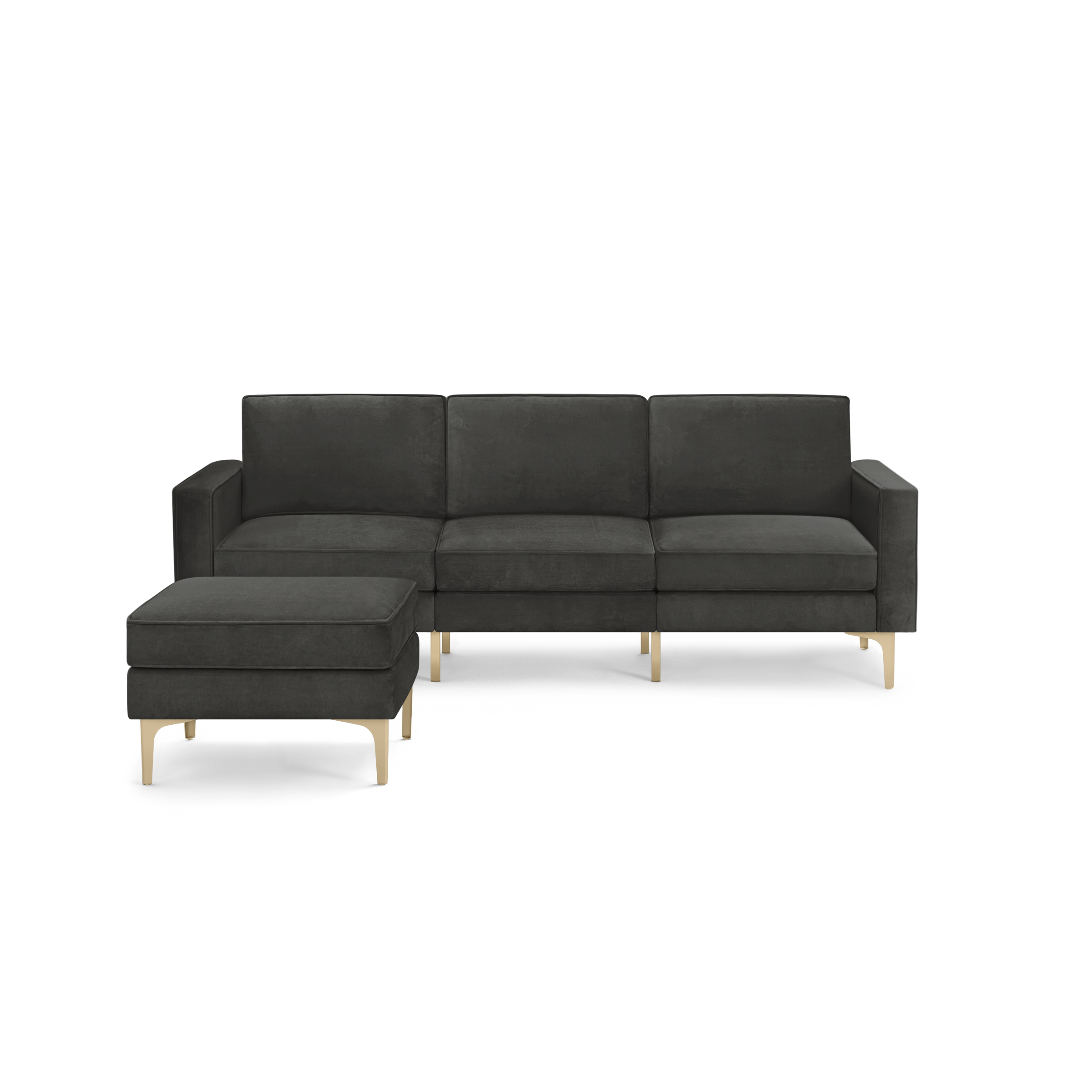 modern dark gray velvet sectional sofa with gold metal legs and clean lines on the back, featuring a chaise lounge and matching ottoman