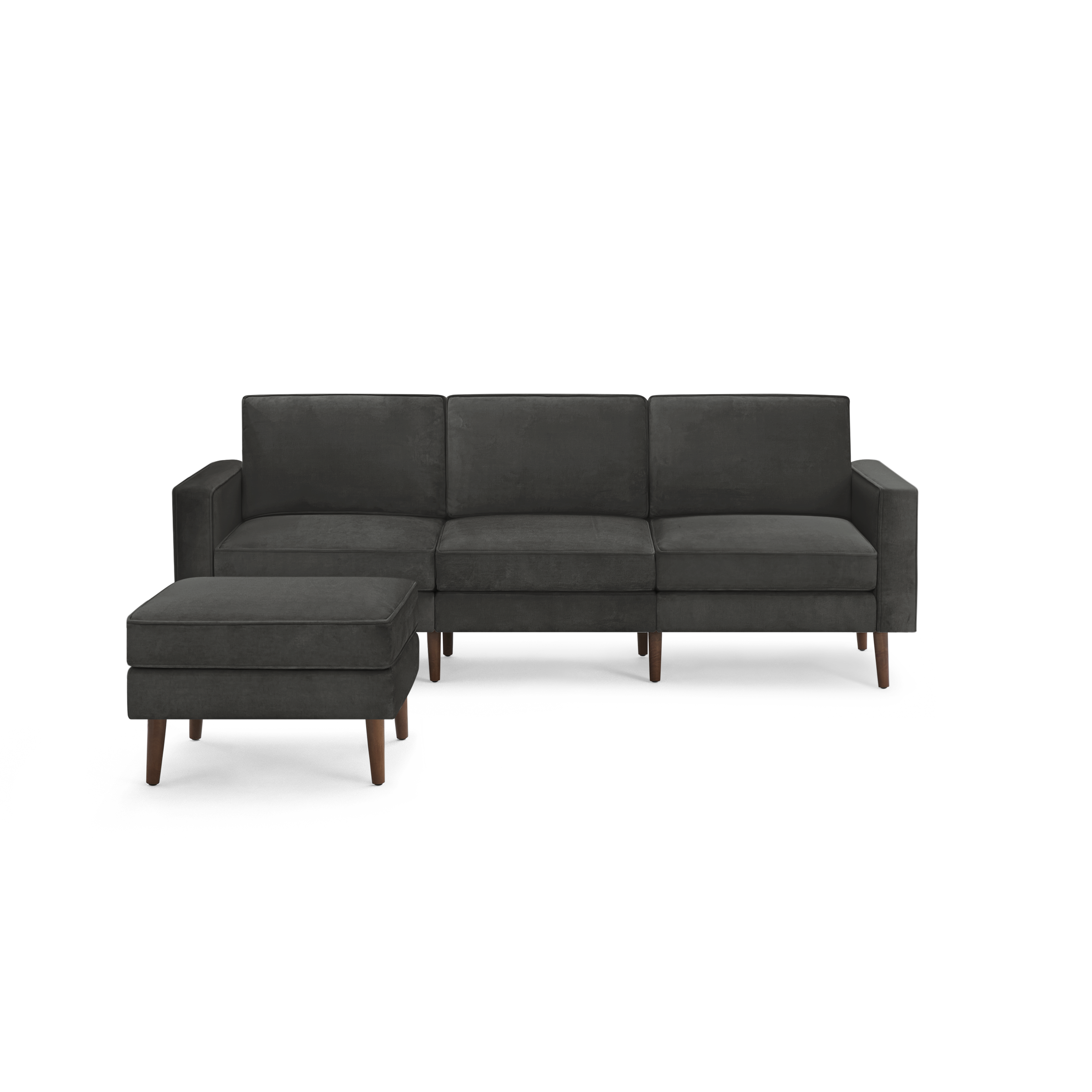 modern dark gray fabric sectional sofa with wooden legs and clean lines on the back, featuring a chaise lounge and matching ottoman