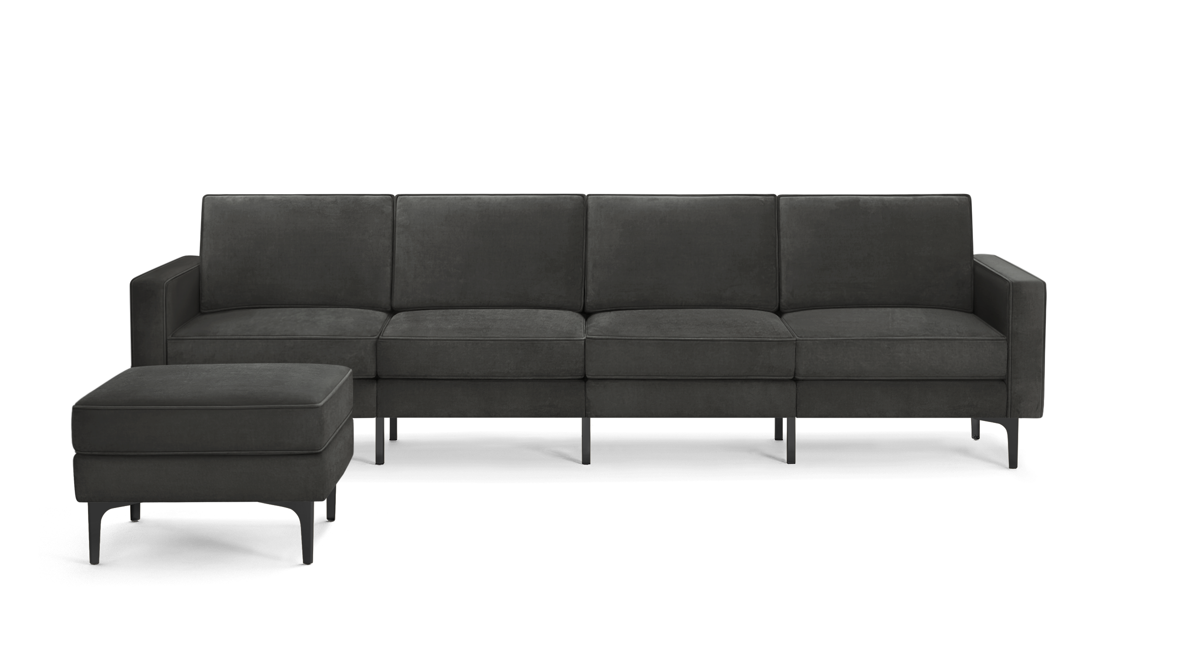 modern dark gray velvet sectional sofa with tufted back cushions and black metal legs, featuring a matching ottoman and matching ottoman