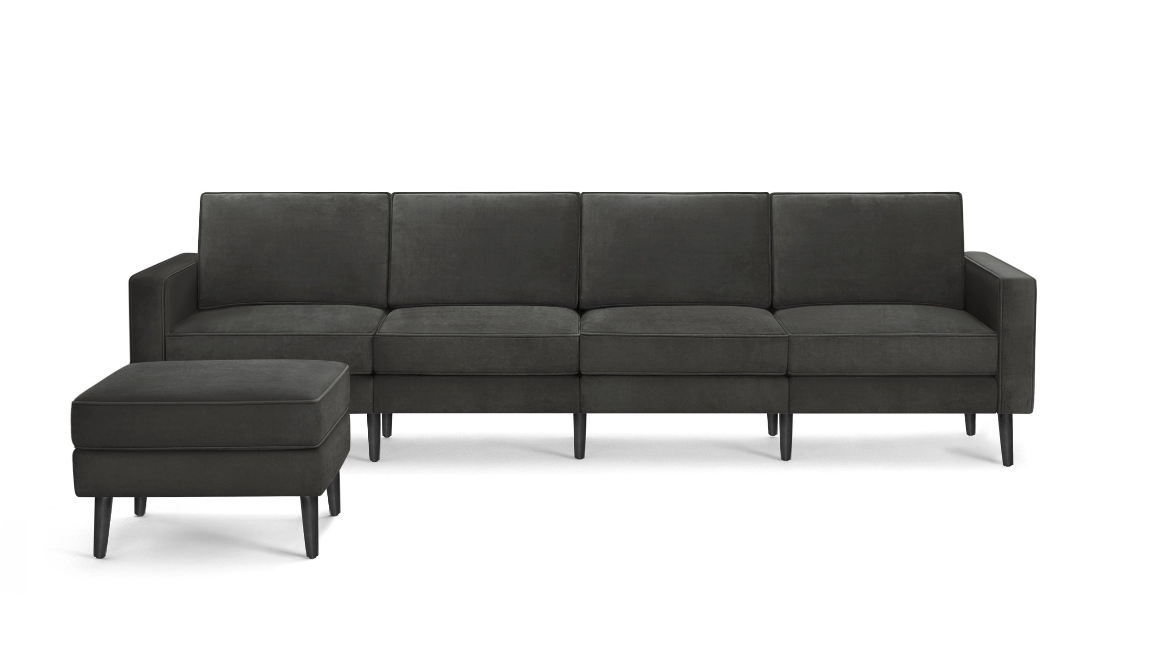 modern dark gray velvet sectional sofa with tufted back cushions and black metal legs, featuring a matching ottoman and matching ottoman