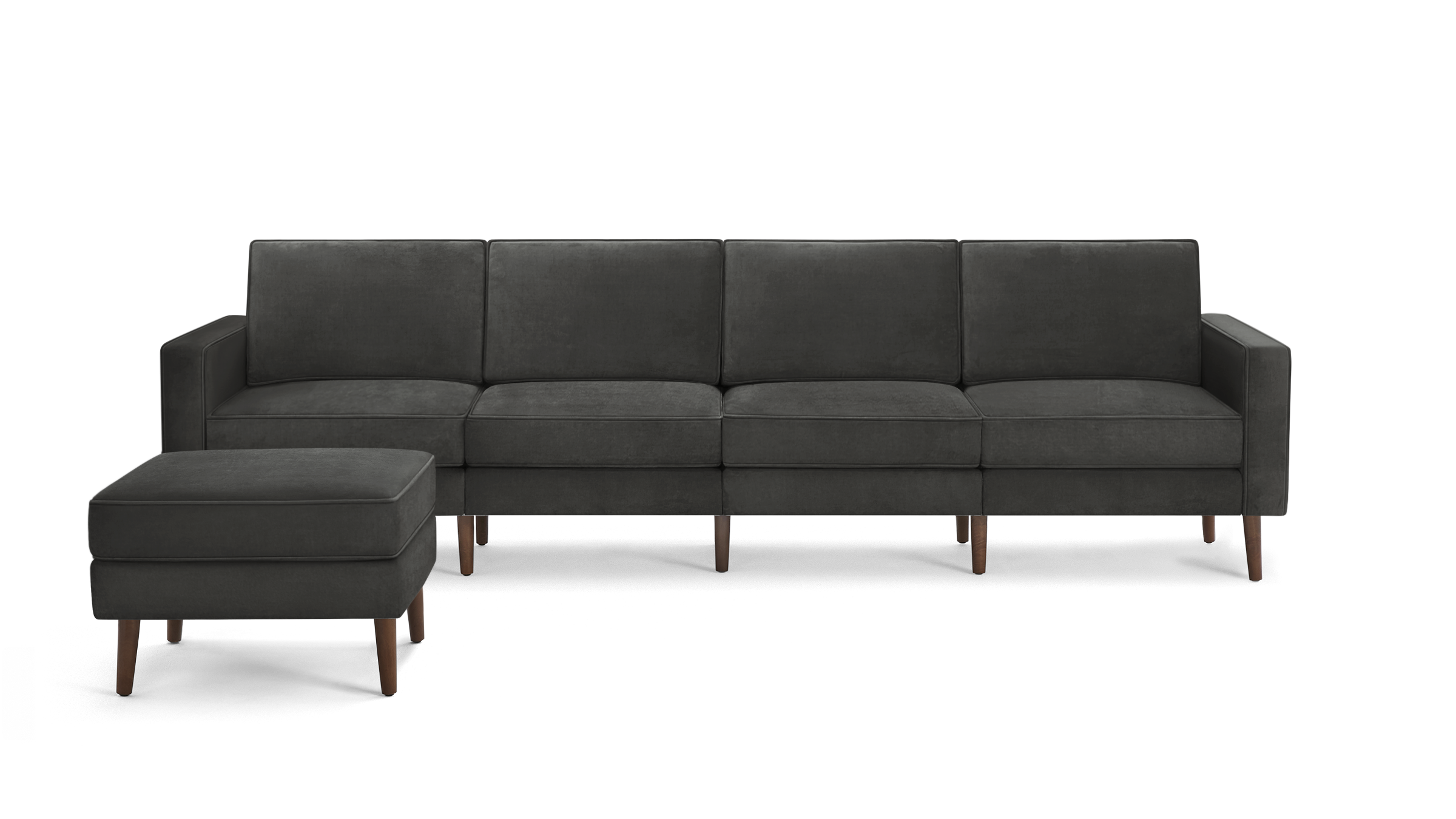 modern dark gray velvet sectional sofa with wooden legs and clean lines on the back, featuring clean lines on the arms and back cushions