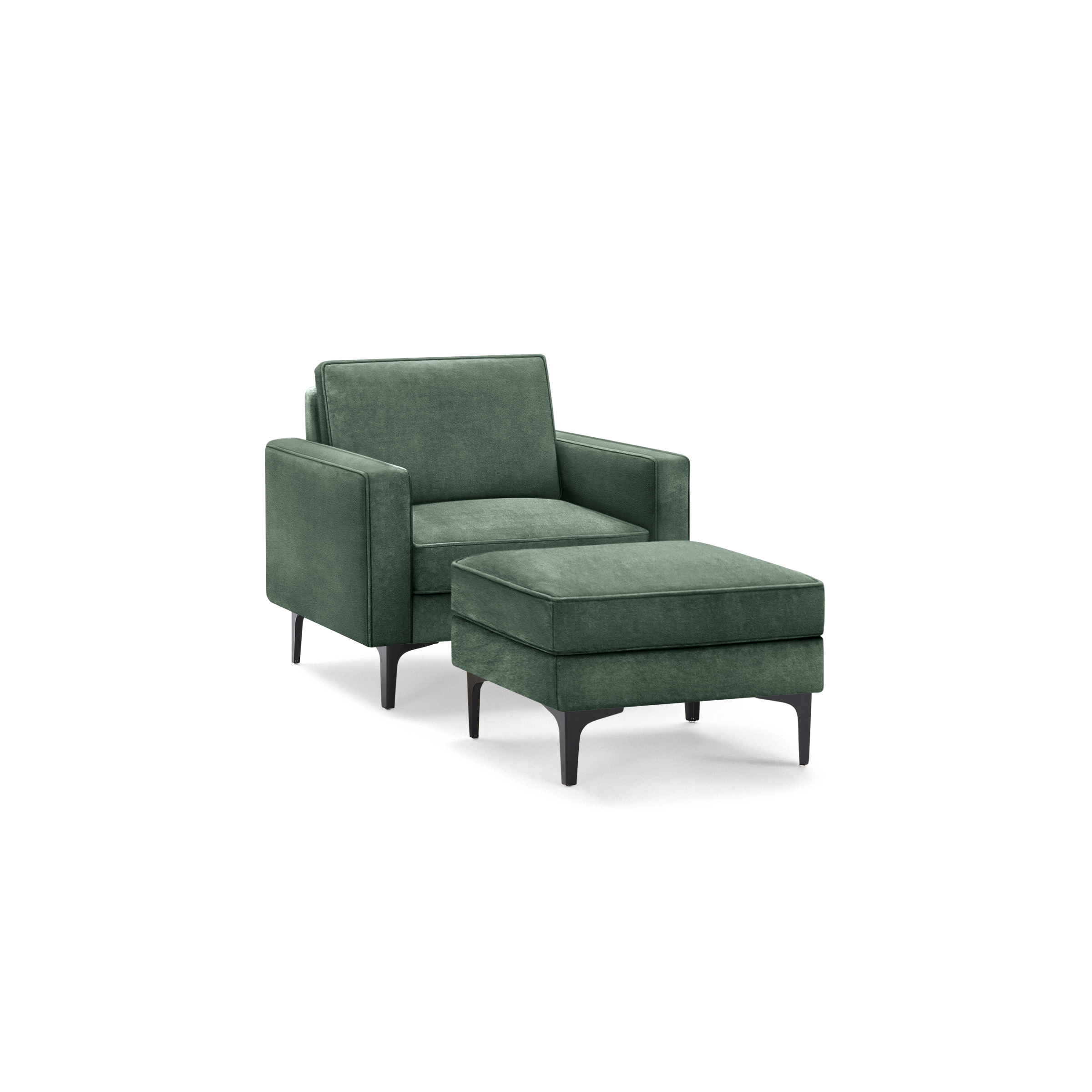 modern green velvet upholstered armchair with matching ottoman, featuring tapered legs and a sleek backrest