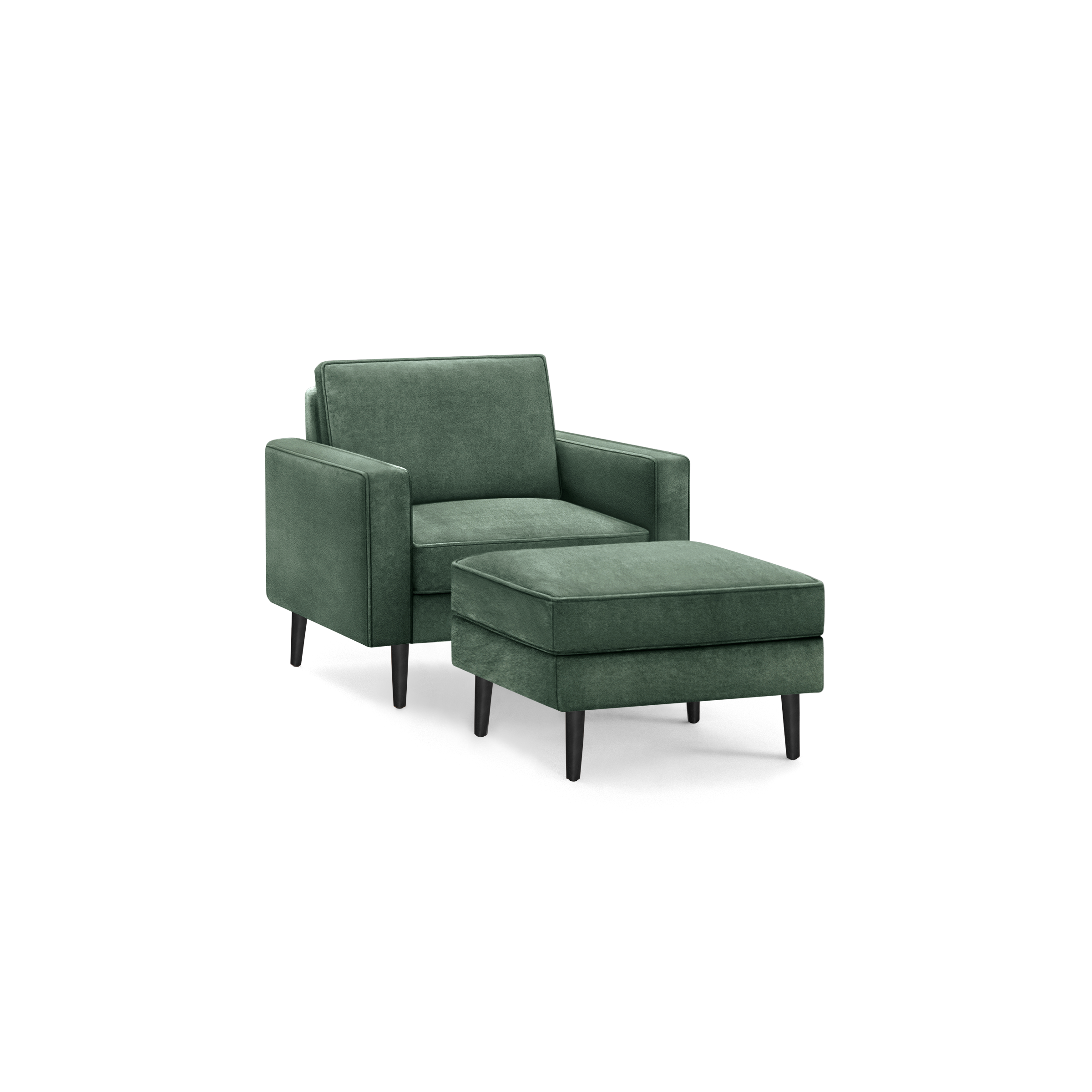 modern green velvet upholstered armchair with matching ottoman, featuring tapered legs and a sleek backrest
