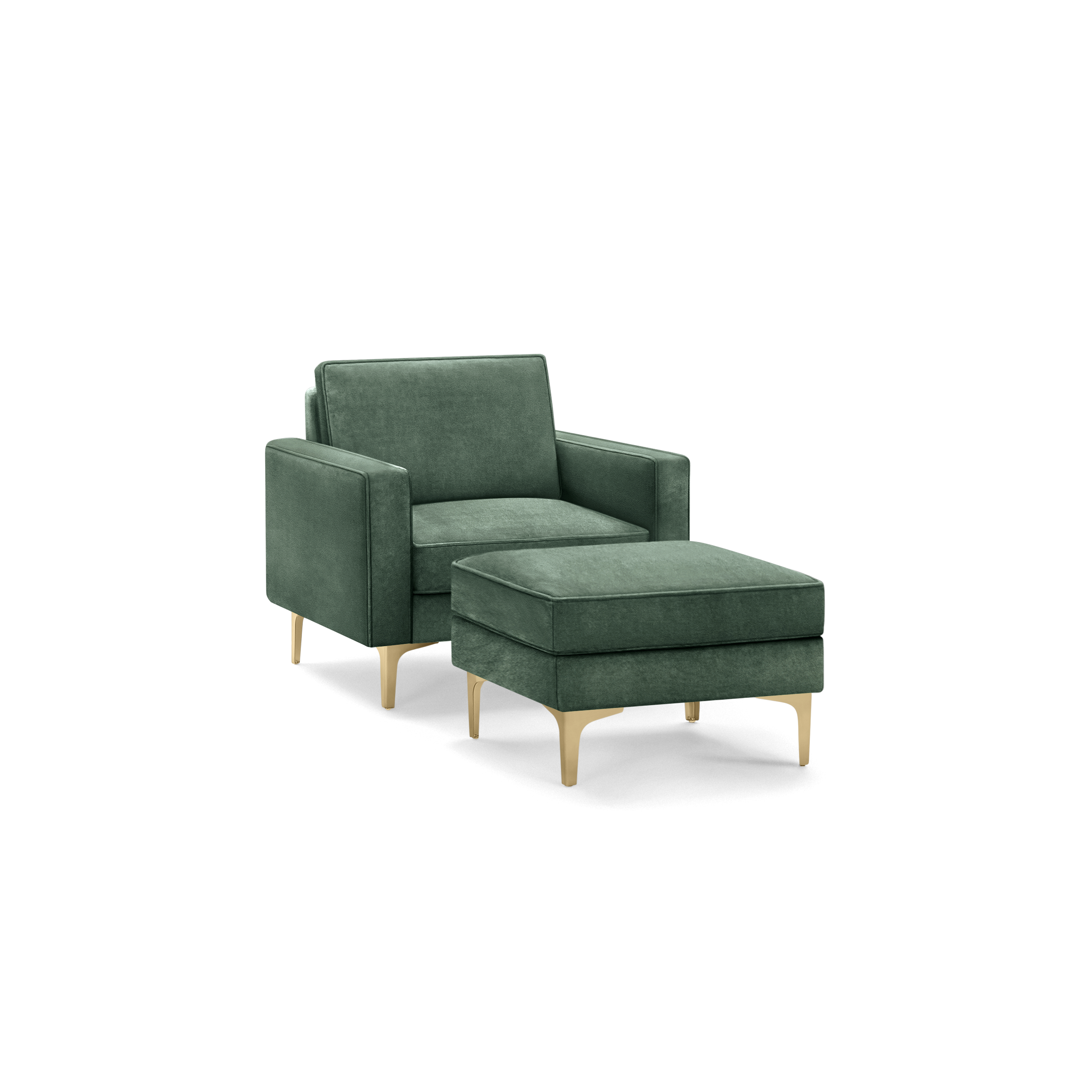 modern green velvet upholstered armchair with matching ottoman, featuring tapered wooden legs and tapered cushioned seat