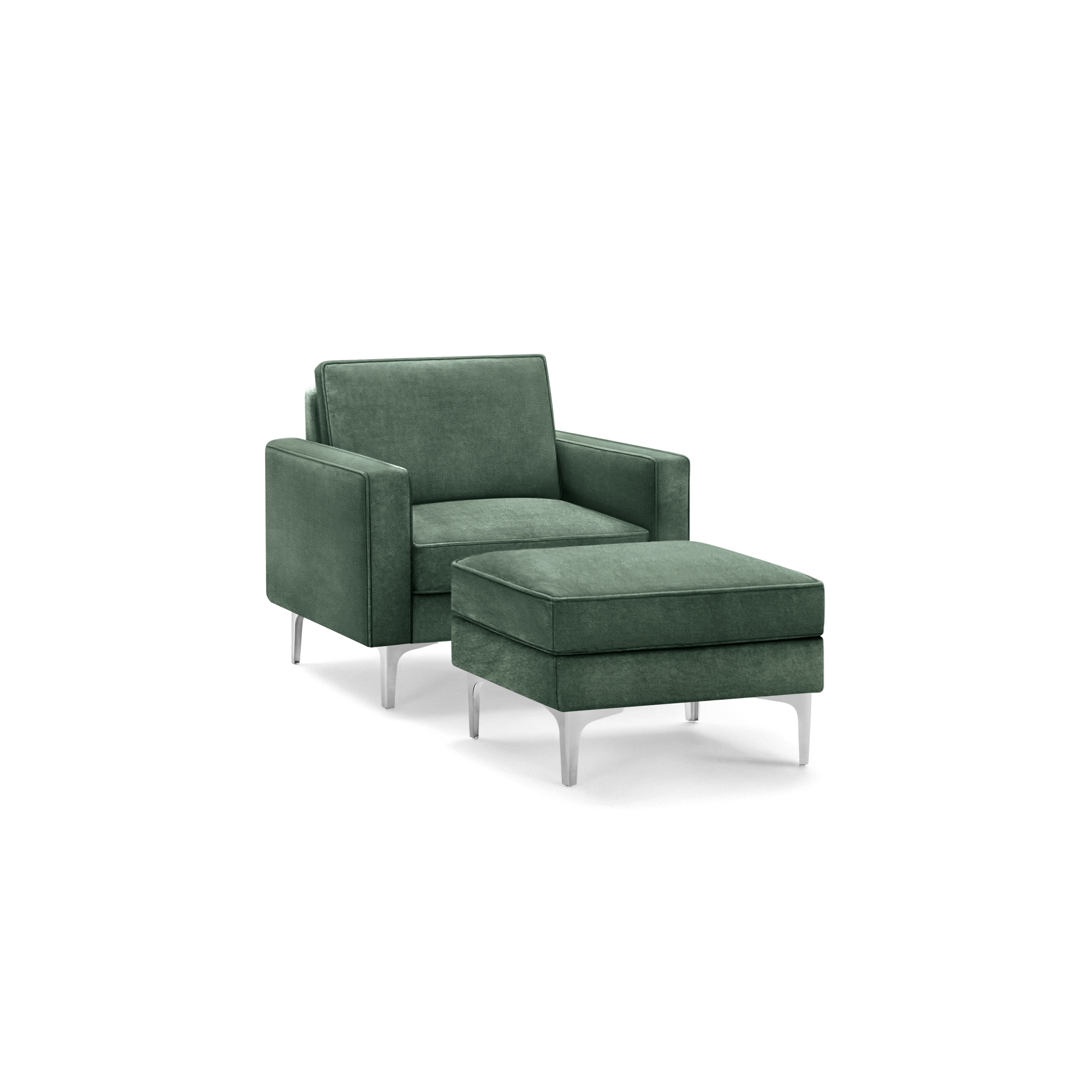 modern green velvet upholstered armchair with matching ottoman, featuring a sleek metal frame and sleek metal legs