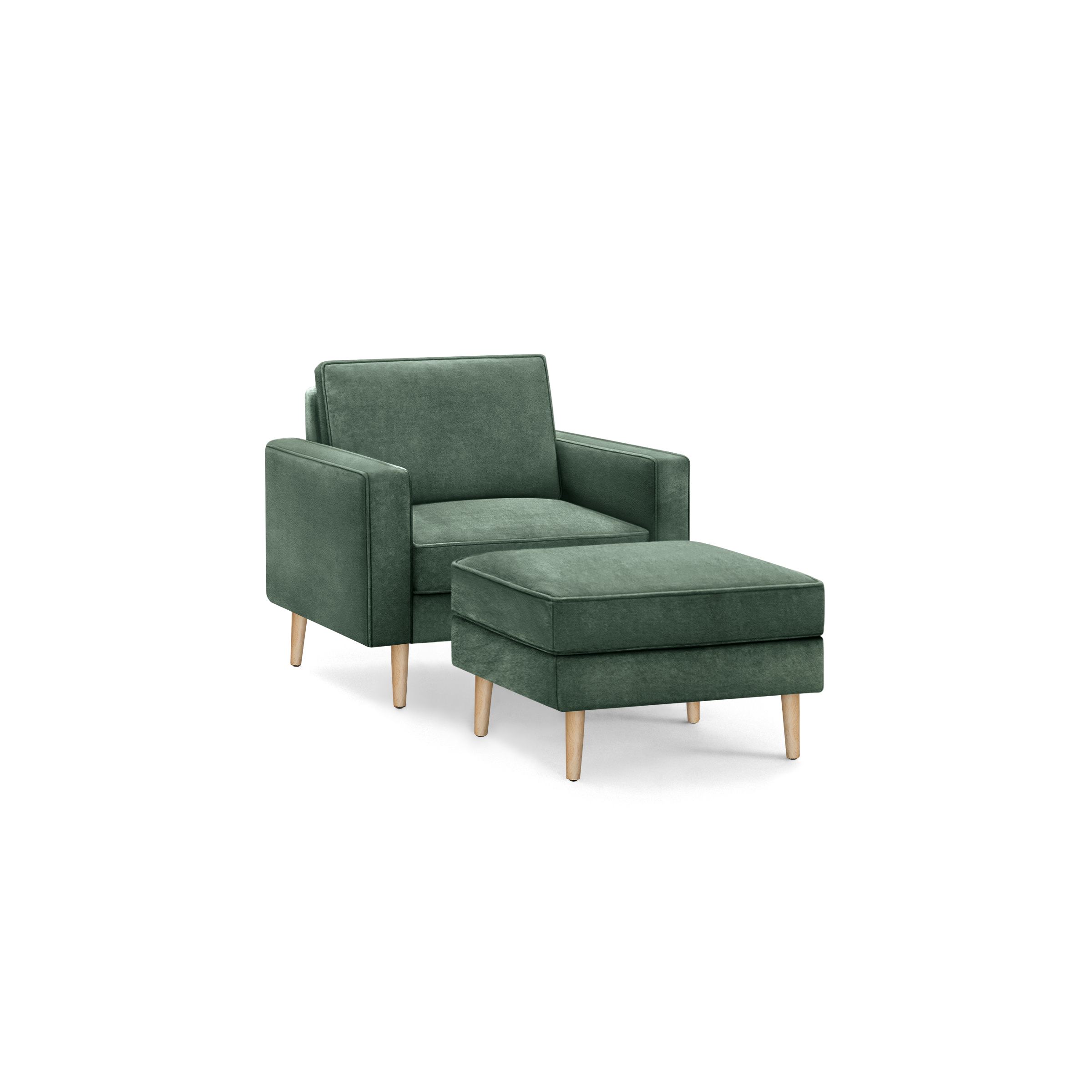 modern green velvet upholstered armchair with wooden legs and matching ottoman, featuring a sleek backrest and a sleek backrest