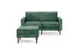 modern green velvet upholstered sofa with matching ottoman, featuring a sleek wooden tapered legs and a sleek, clean, modern design