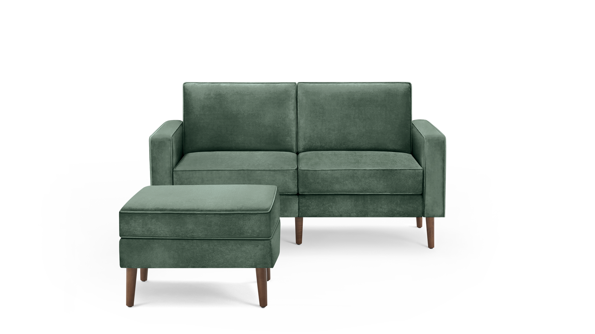 modern green velvet upholstered sofa with matching ottoman, featuring a sleek wooden tapered legs and a sleek, clean, modern design