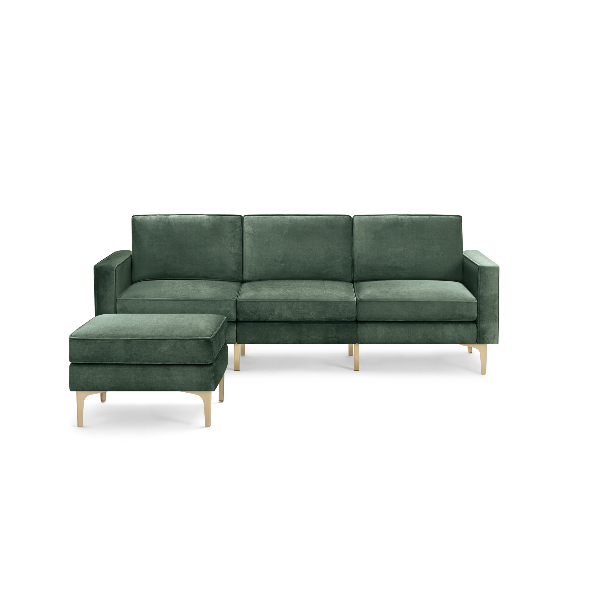 modern green velvet sectional sofa with gold metal legs and matching ottoman, featuring a clean, minimalist design