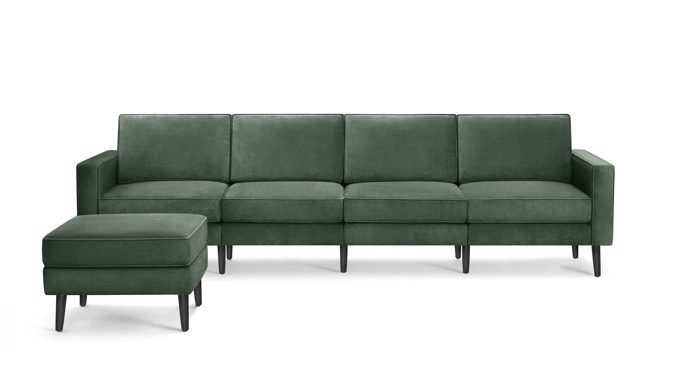 modern dark green velvet sectional sofa with tufted back cushions and black metal legs, featuring a clean, modern design