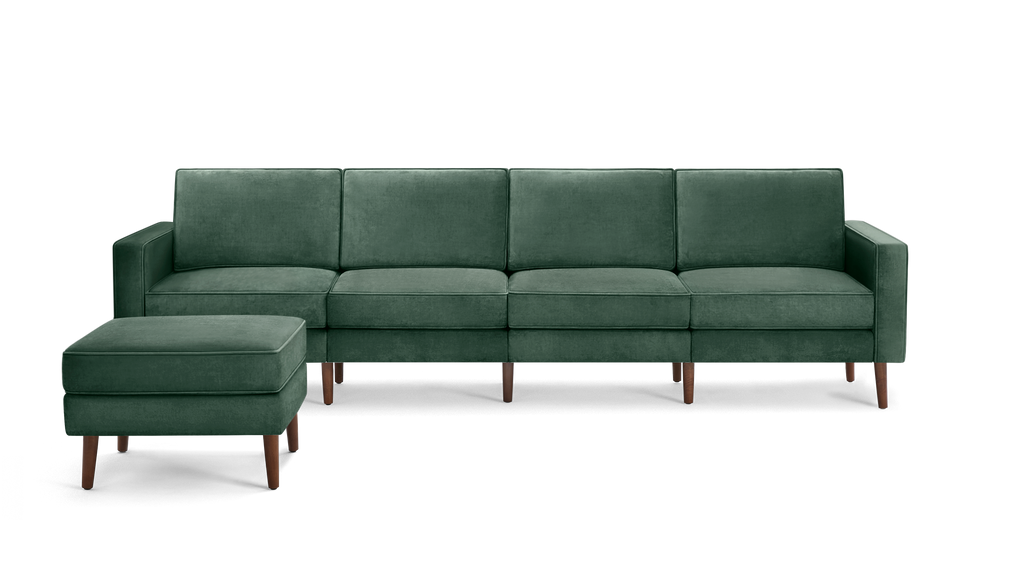 modern green velvet sectional sofa with wooden legs and matching ottoman, featuring clean lines and clean lines on the back