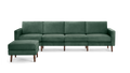 modern green velvet sectional sofa with wooden legs and matching ottoman, featuring clean lines and clean lines on the back
