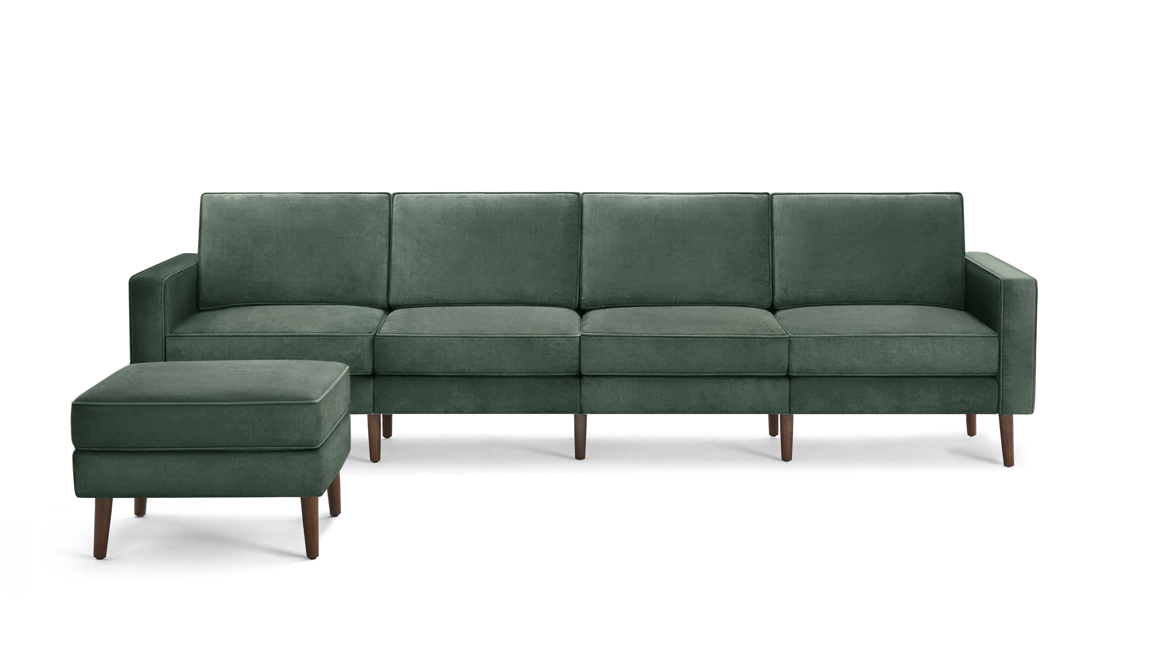 modern green velvet sectional sofa with wooden legs and matching ottoman, featuring clean lines and clean lines on the back