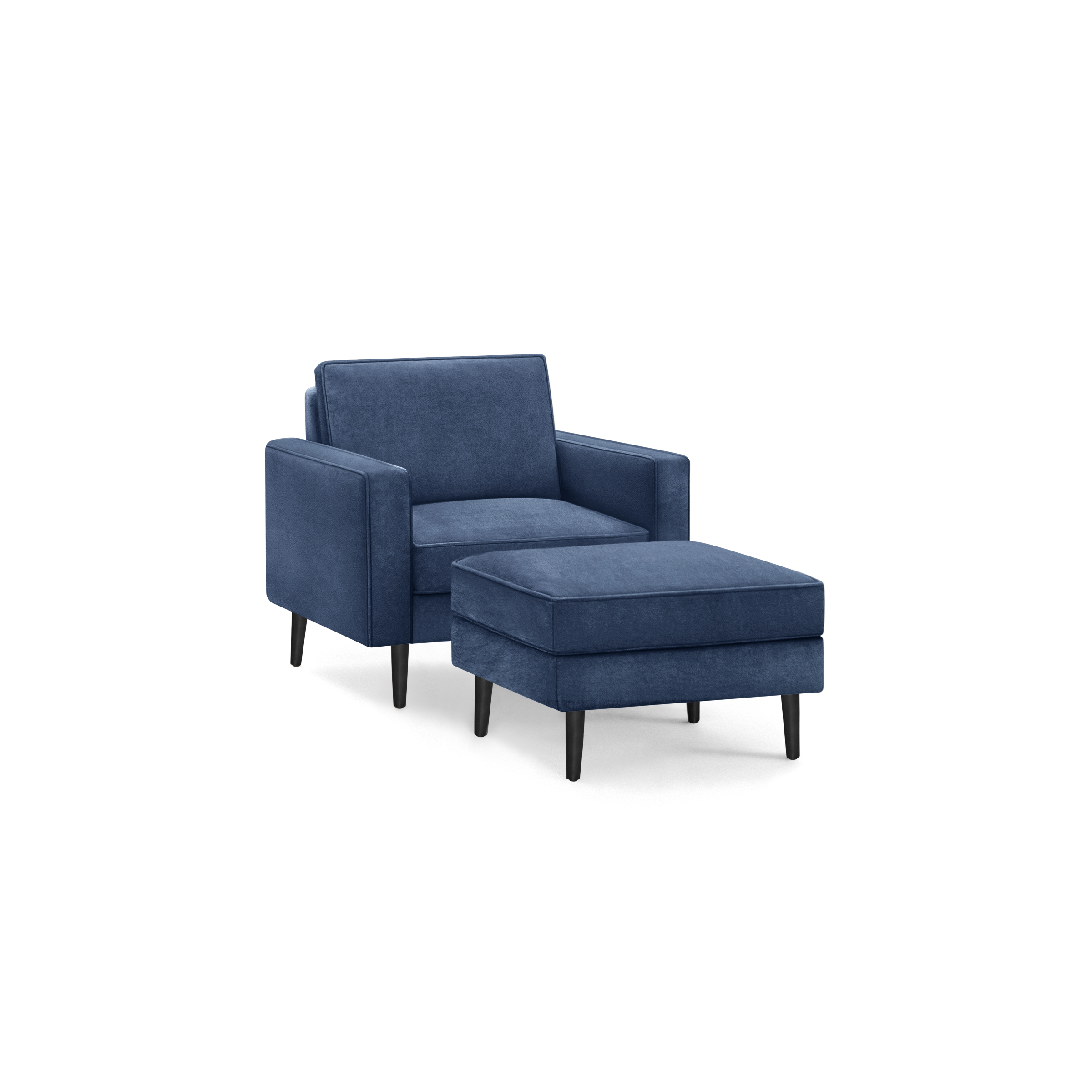modern blue upholstered armchair with matching ottoman, featuring a sleek black metal legs and a sleek black square cushion