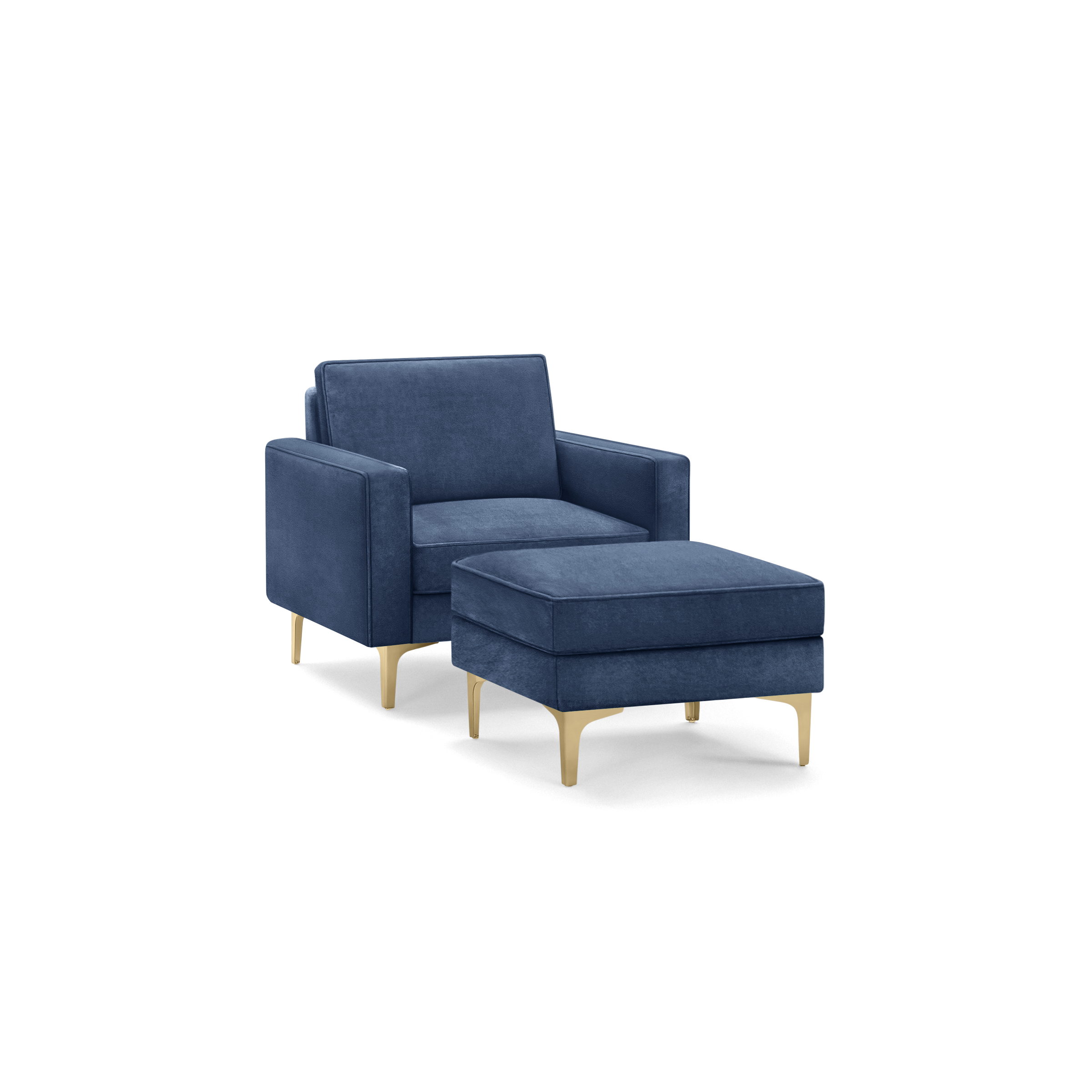 modern navy blue upholstered armchair with matching ottoman, featuring tapered legs and a gold - toned metal base