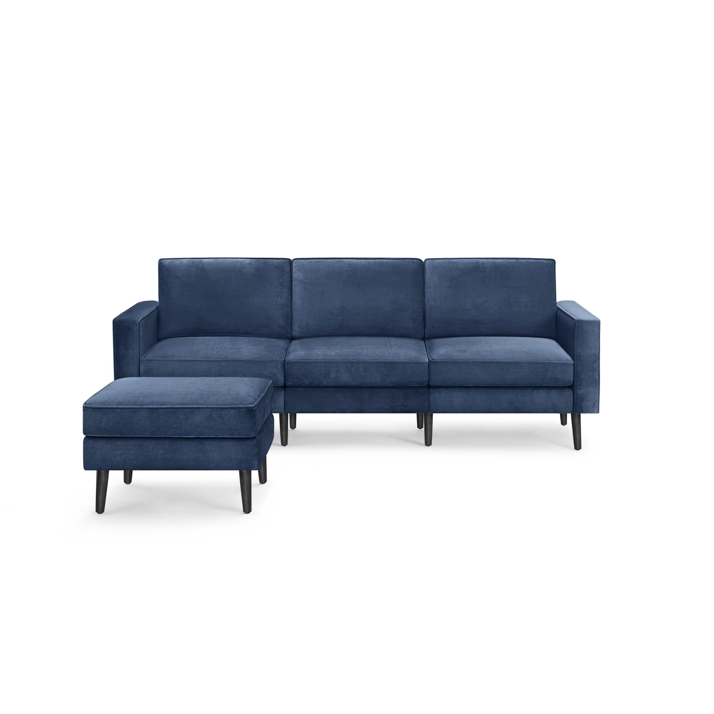 modern blue velvet sectional sofa with black metal legs and clean lines on the back, featuring a deep blue upholstery sofa and matching ottoman