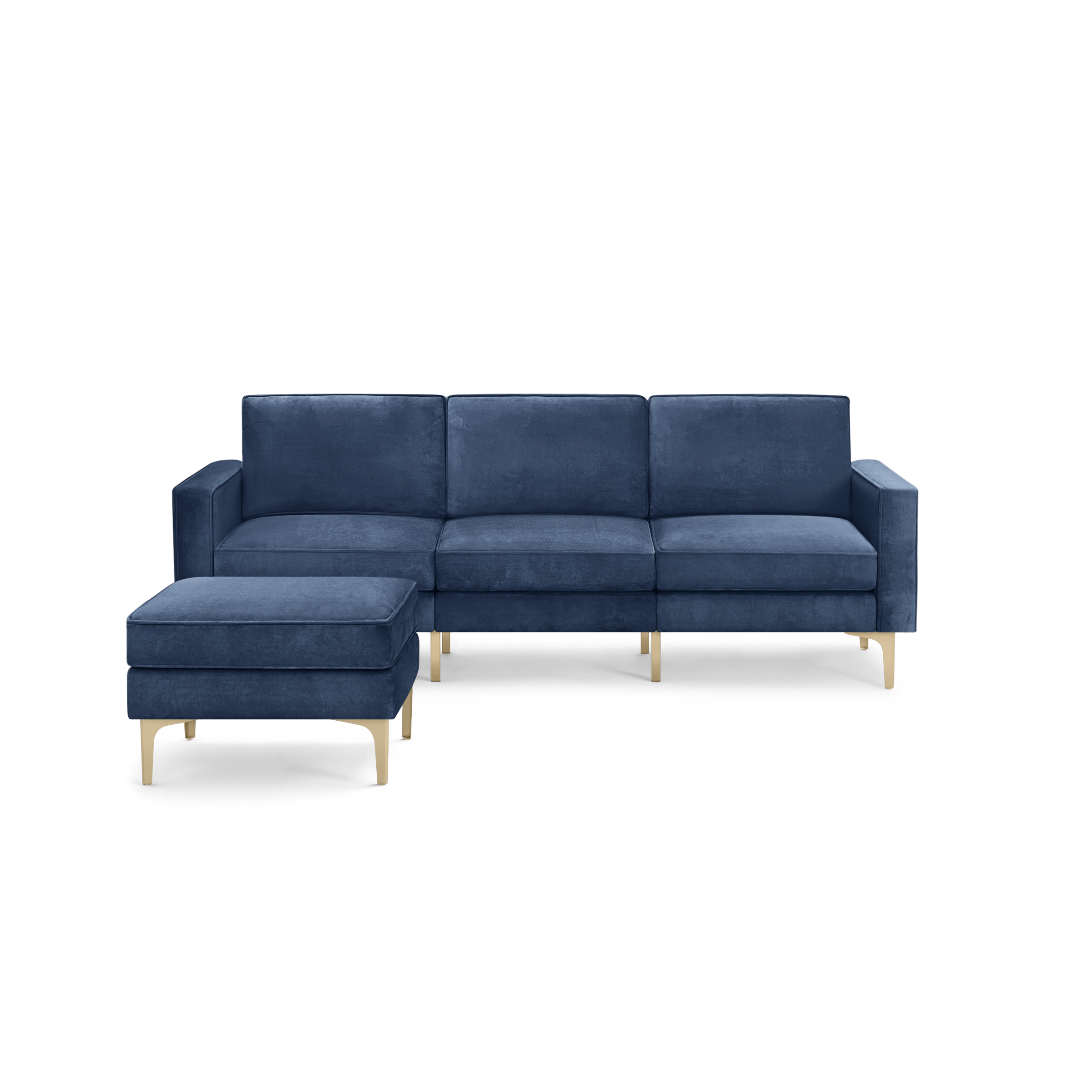modern blue velvet sectional sofa with gold legs and matching ottoman, featuring a clean, modern design