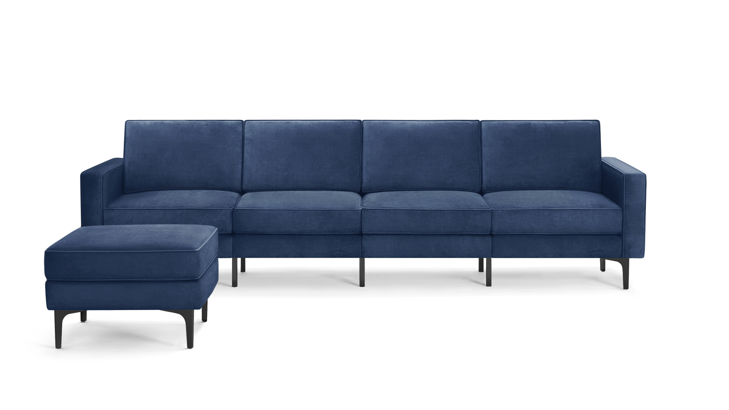 modern blue velvet sectional sofa with matching ottoman, featuring sleek black metal legs and sleek clean lines on the back