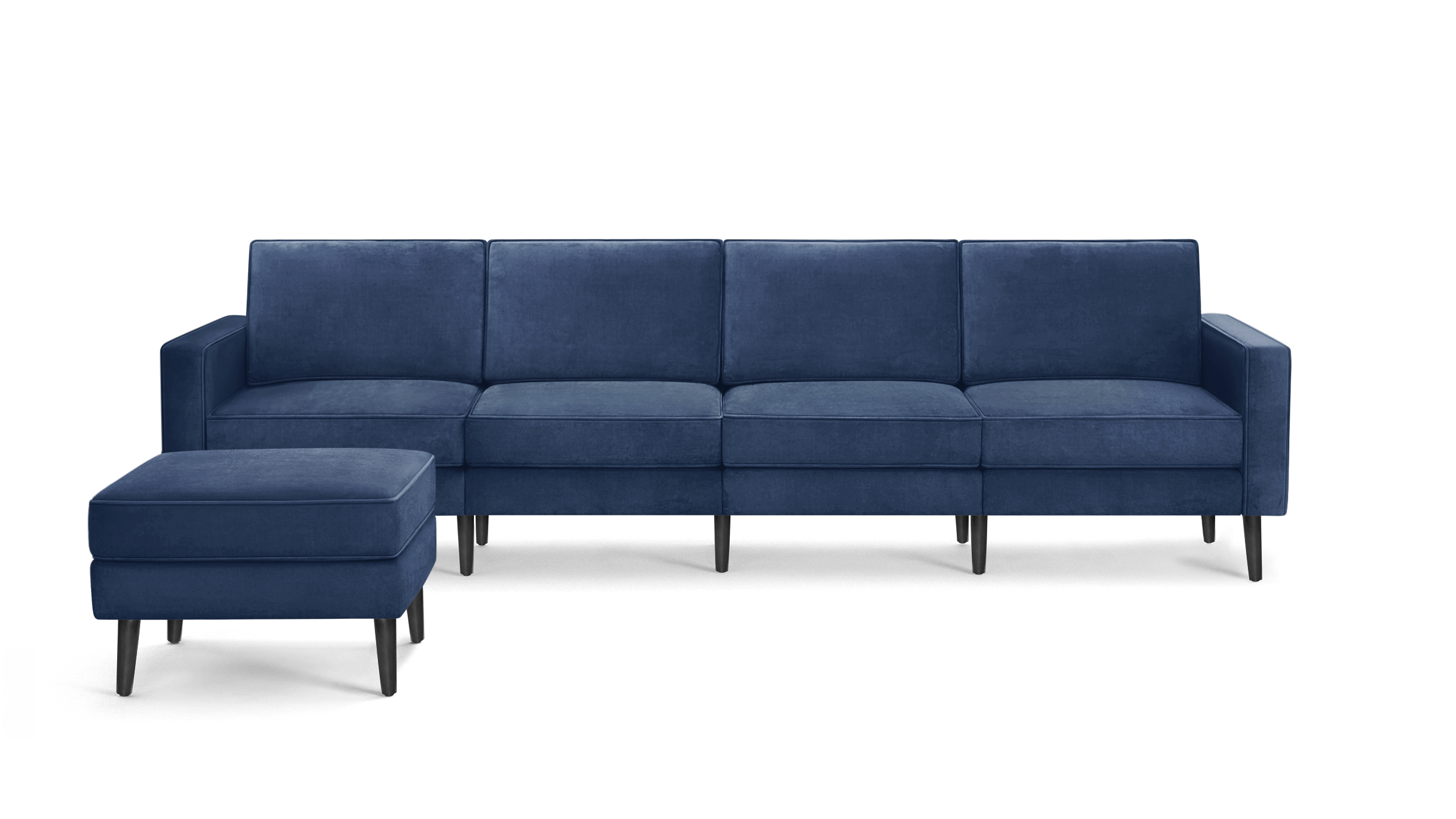 modern navy blue velvet sofa with matching ottoman and matching ottoman, featuring sleek black metal legs and sleek backrests