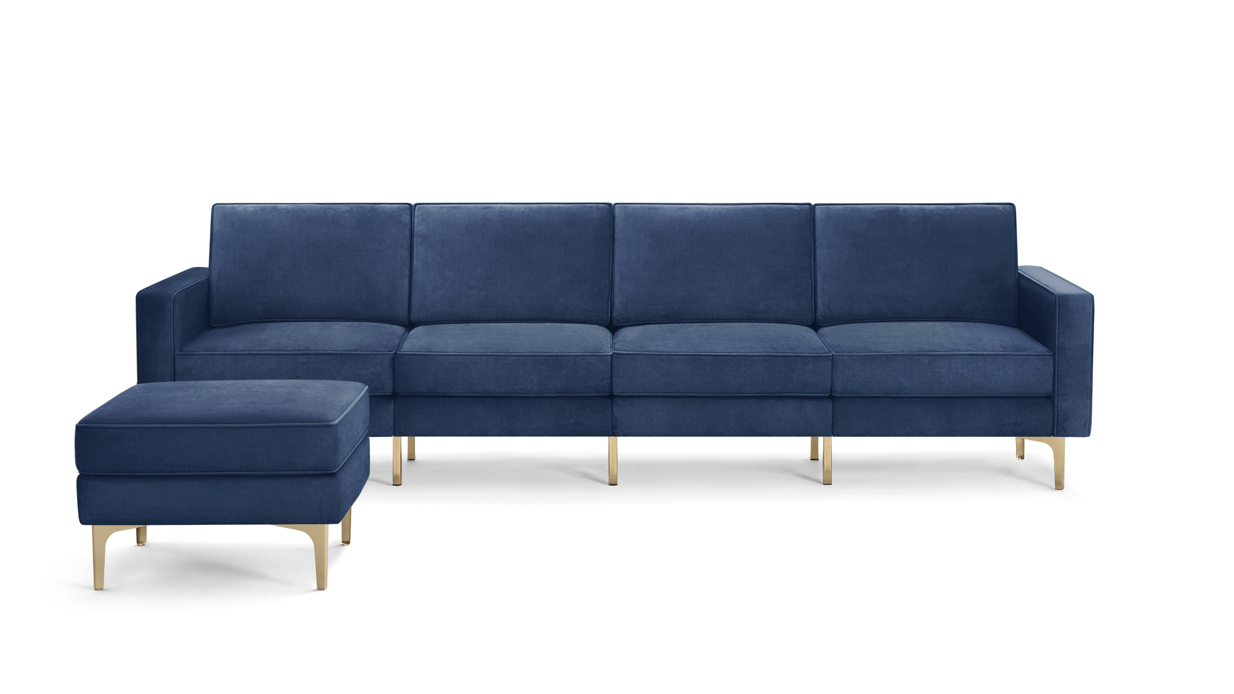 modern blue velvet sectional sofa with gold legs and matching ottoman, featuring clean lines and clean lines on the back, and clean lines on the front