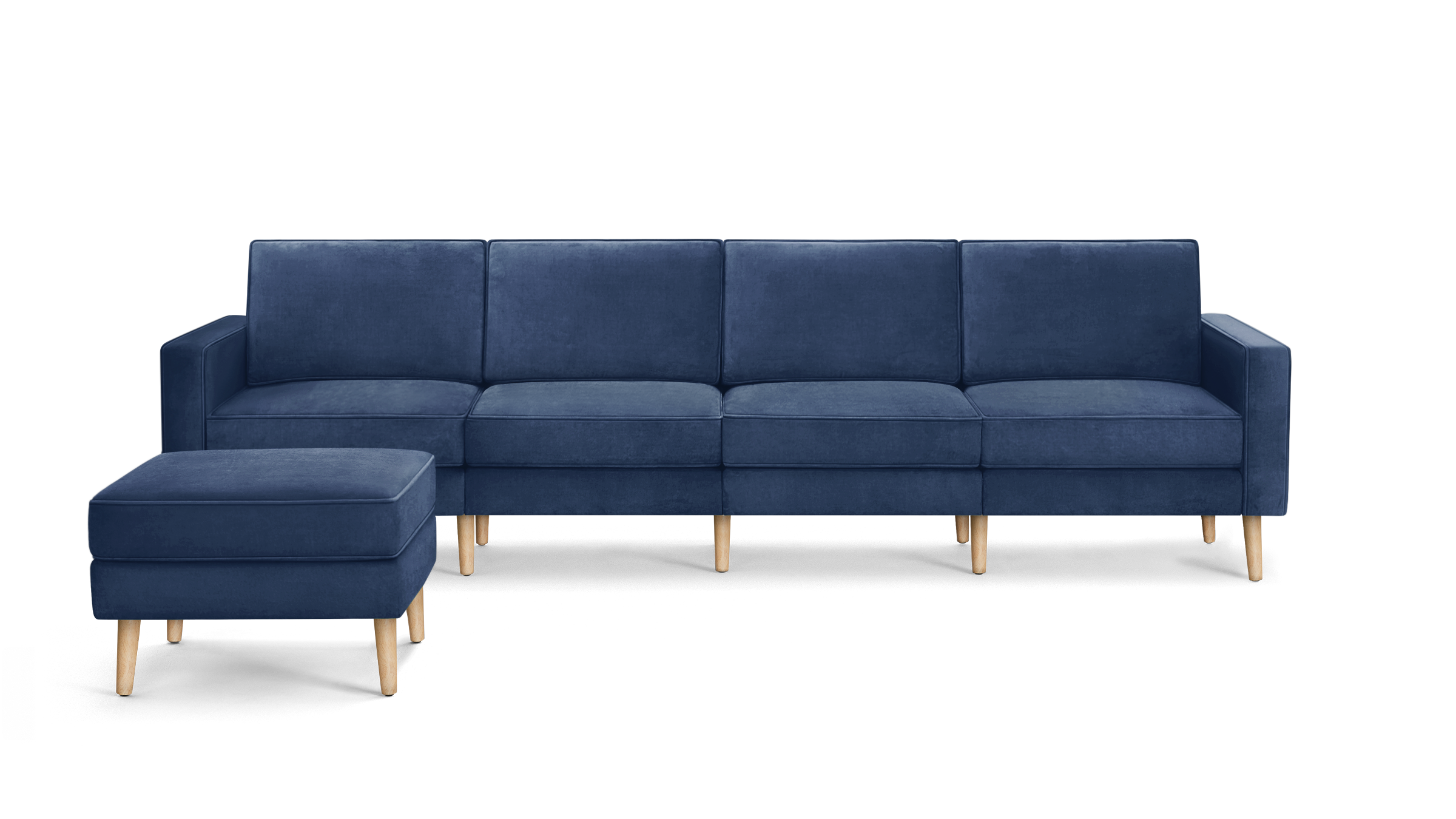 modern navy blue velvet sectional sofa with wooden legs and matching ottoman, featuring clean lines and clean lines on the back