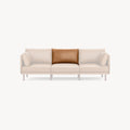 Modern three-seater sofa with light beige upholstery and a contrasting central brown cushion, supported on slim legs.