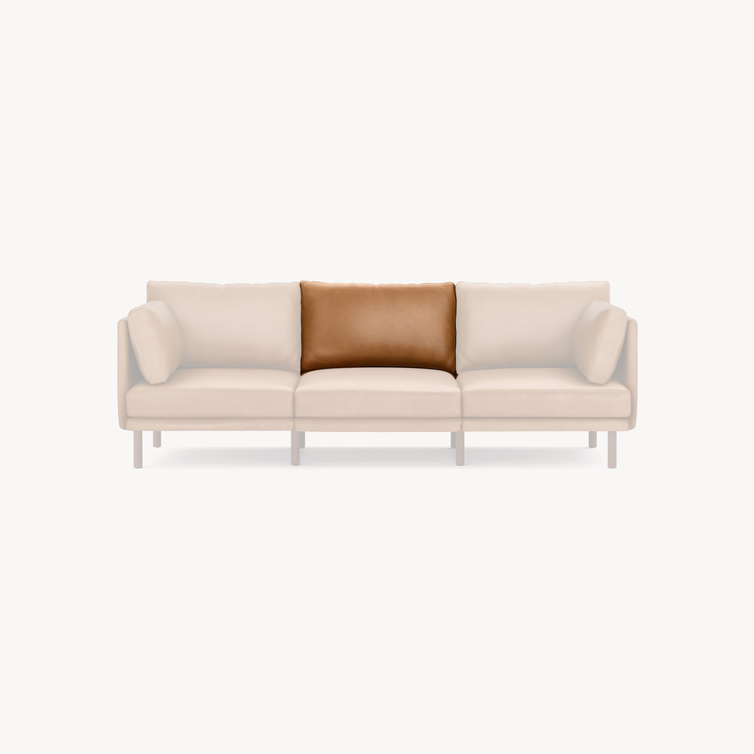 Modern three-seater sofa with light beige upholstery and a contrasting central brown cushion, supported on slim legs.
