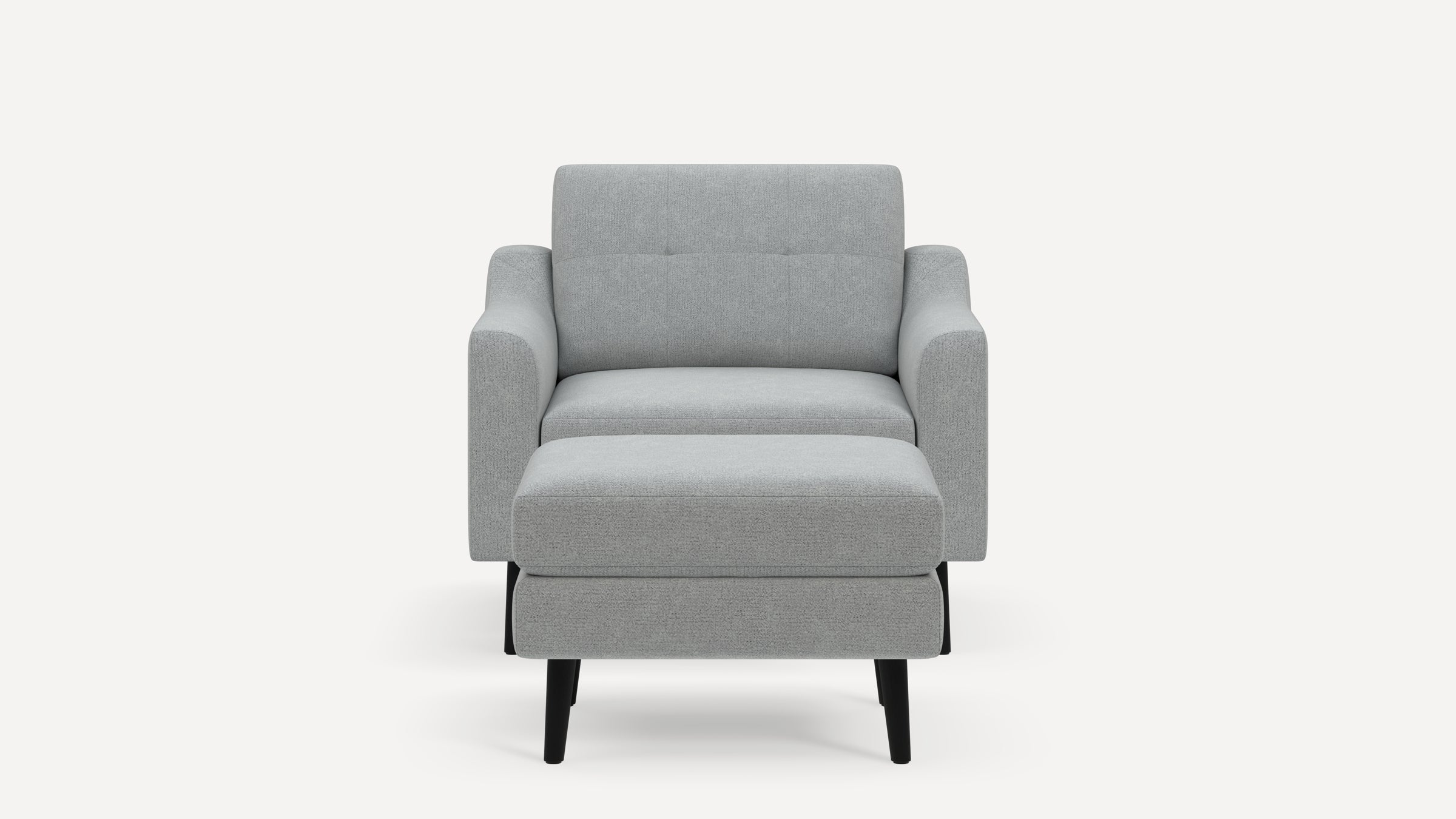 Front view of a modern light gray upholstered armchair with black tapered legs and cushioned seat and backrest.