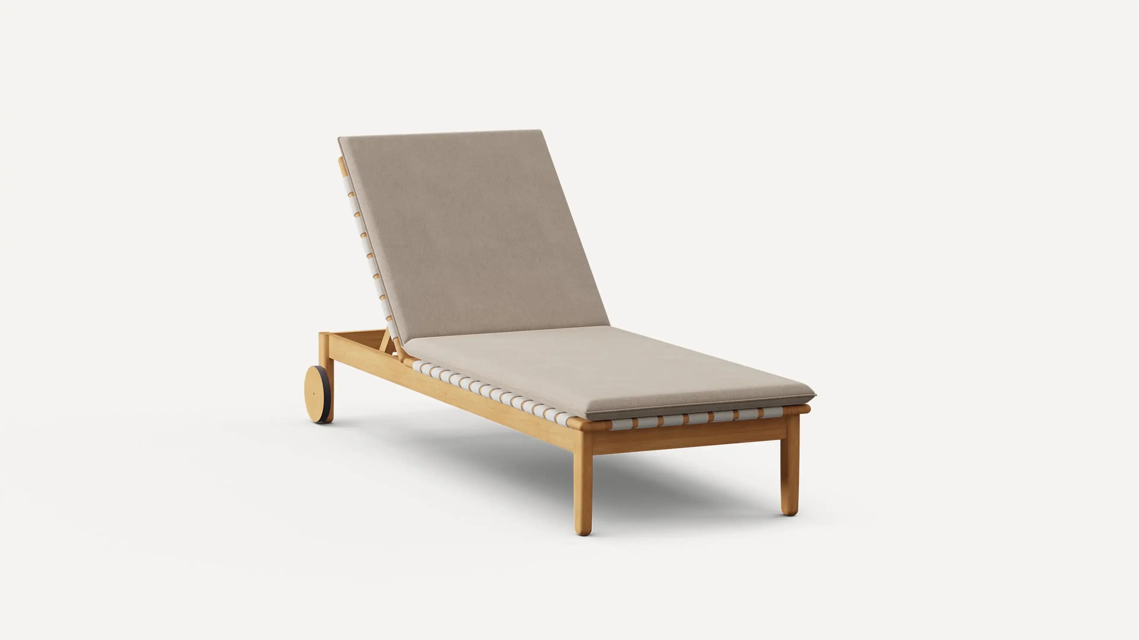 Wood-framed outdoor chaise lounge with beige cushion and adjustable backrest, featuring two round wheels for mobility.