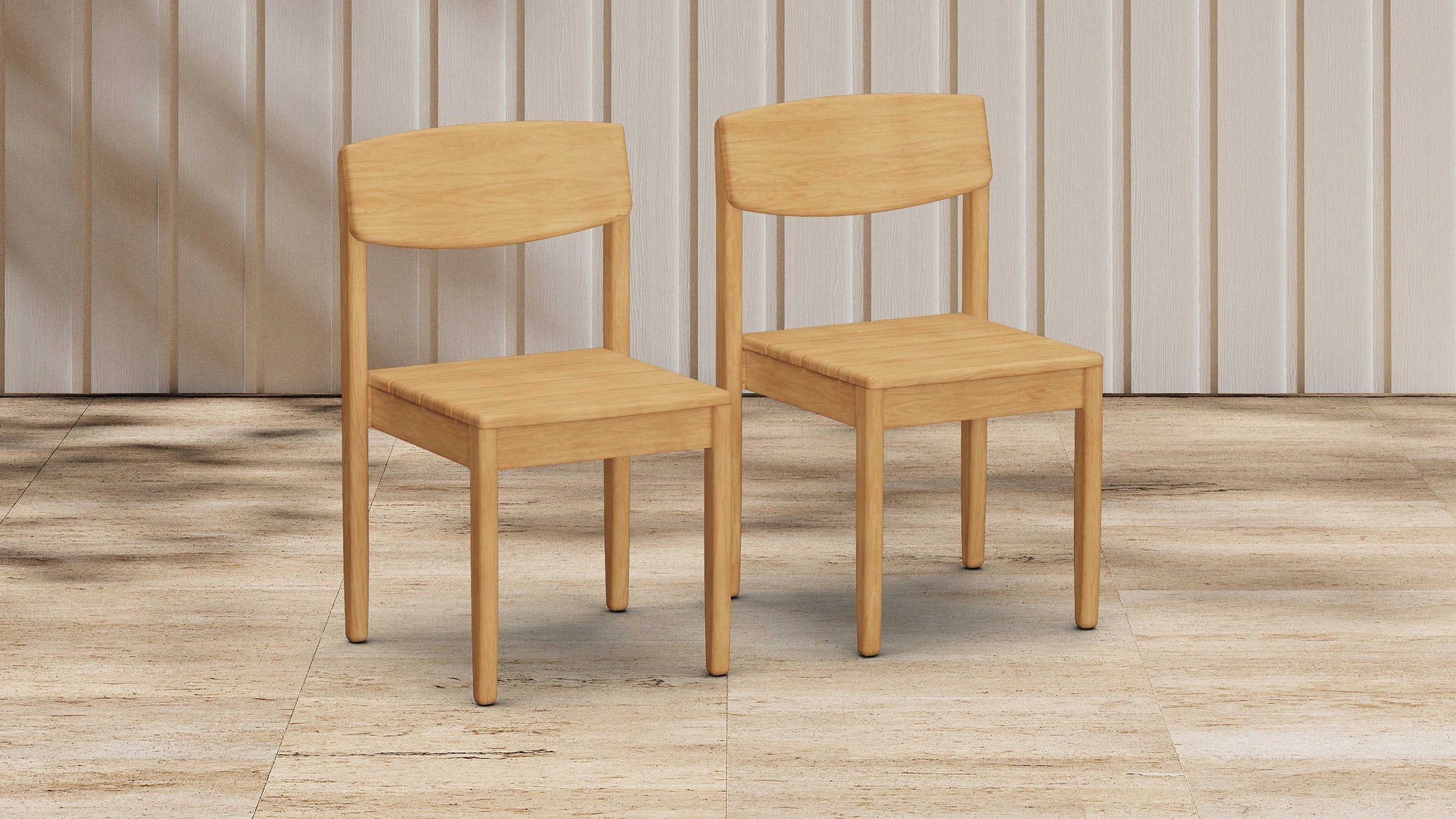 Two simple light wood chairs with rectangular backs on a beige tile floor against a vertically striped beige wall.
