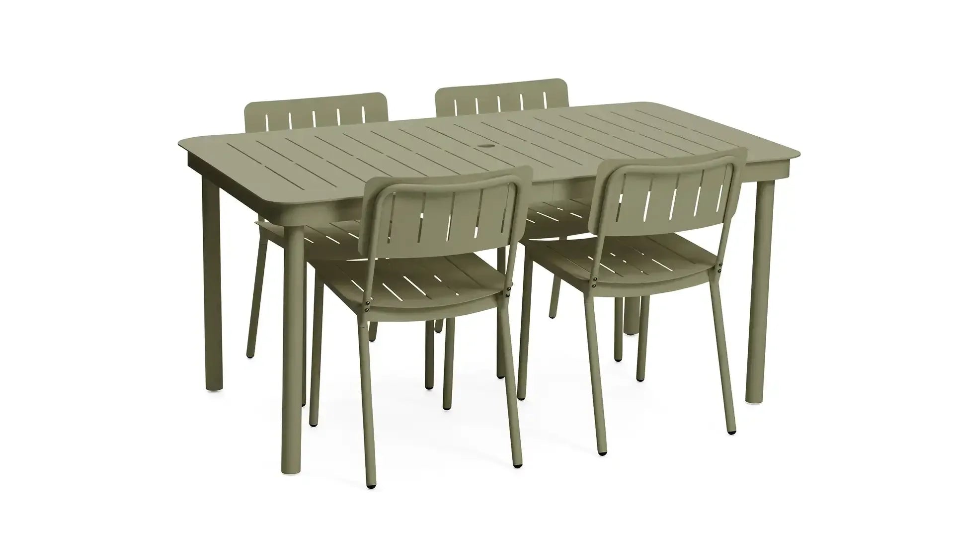 modern outdoor dining set with green plastic chairs and rectangular table, isolated on white background