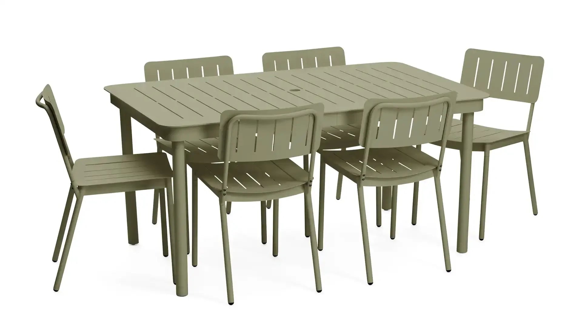 modern outdoor dining set with green plastic chairs and rectangular table, isolated on white background