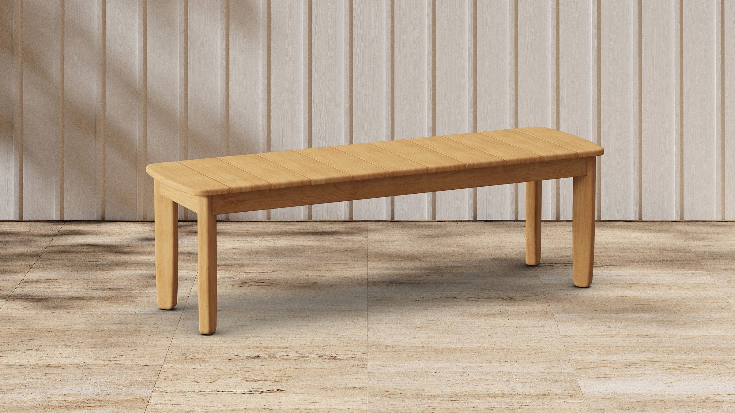 Long wooden bench with a natural finish, featuring a slatted top and sturdy square legs, placed on tiled floor.