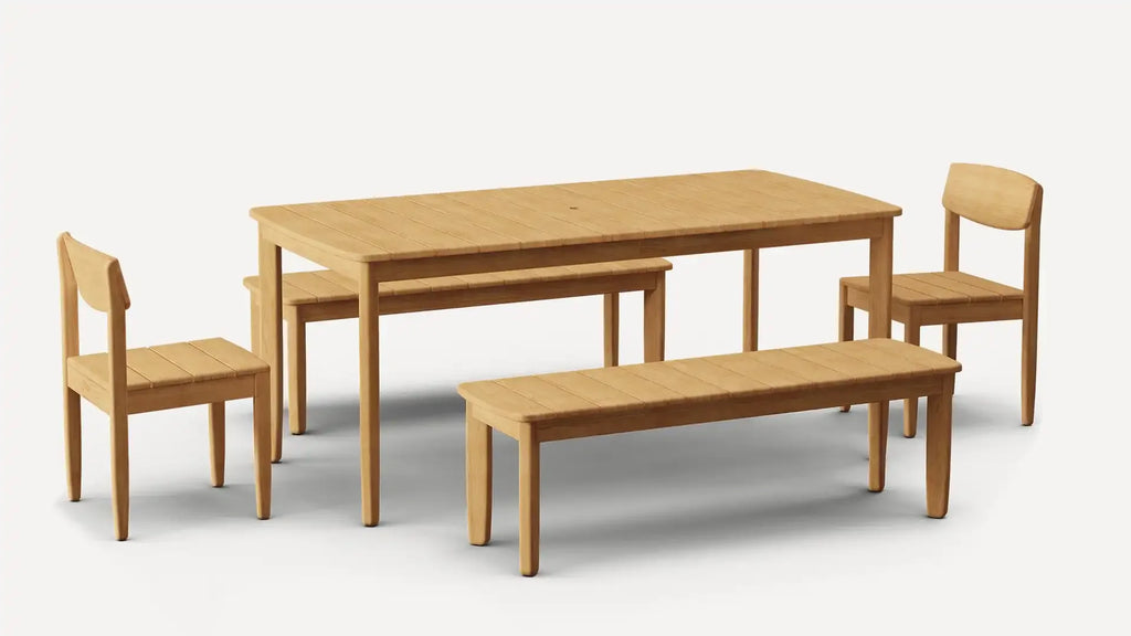 modern dining table and chairs set with wooden bench and wooden dining table