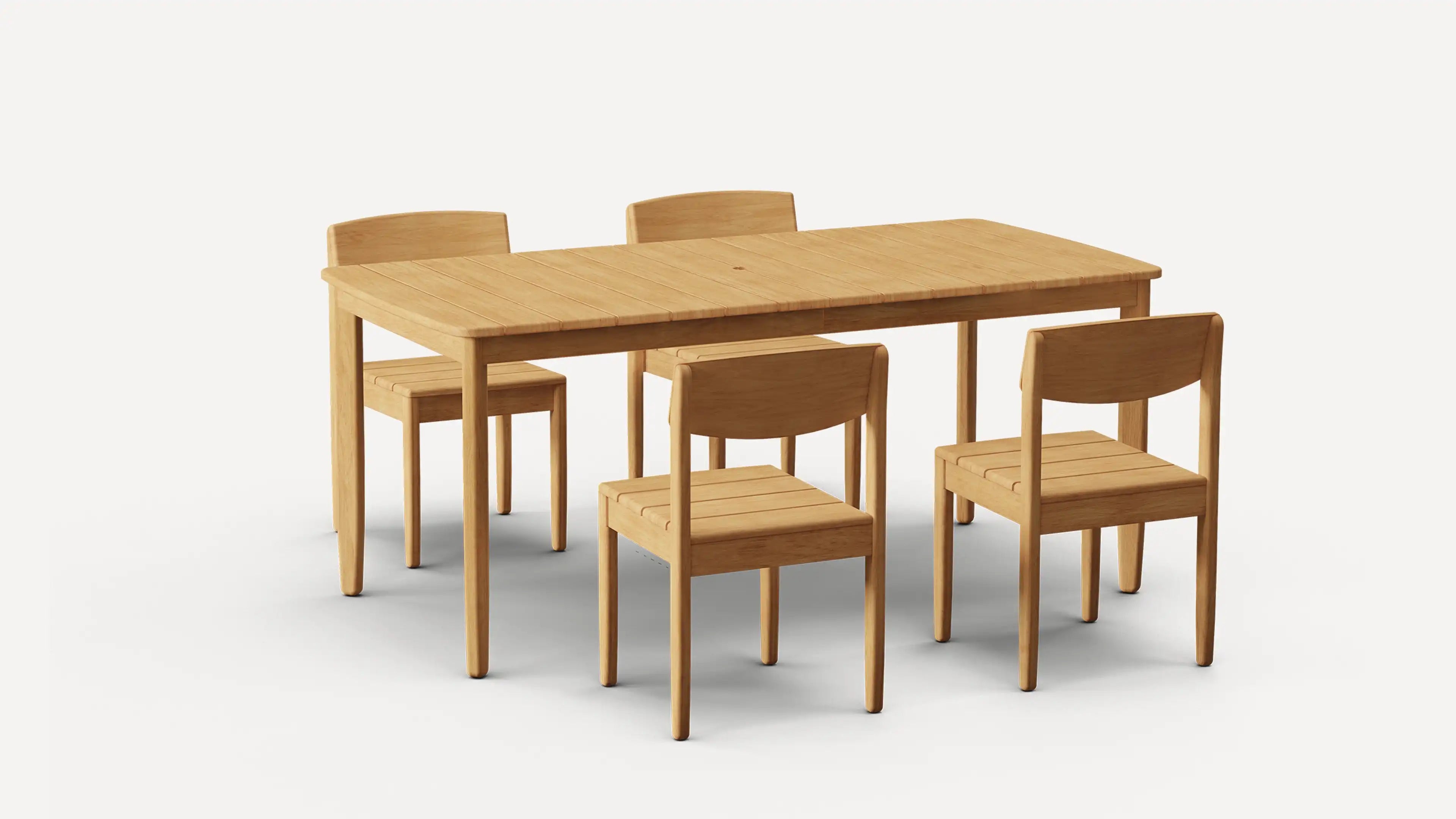 modern wooden dining table with four chairs, isolated on white background