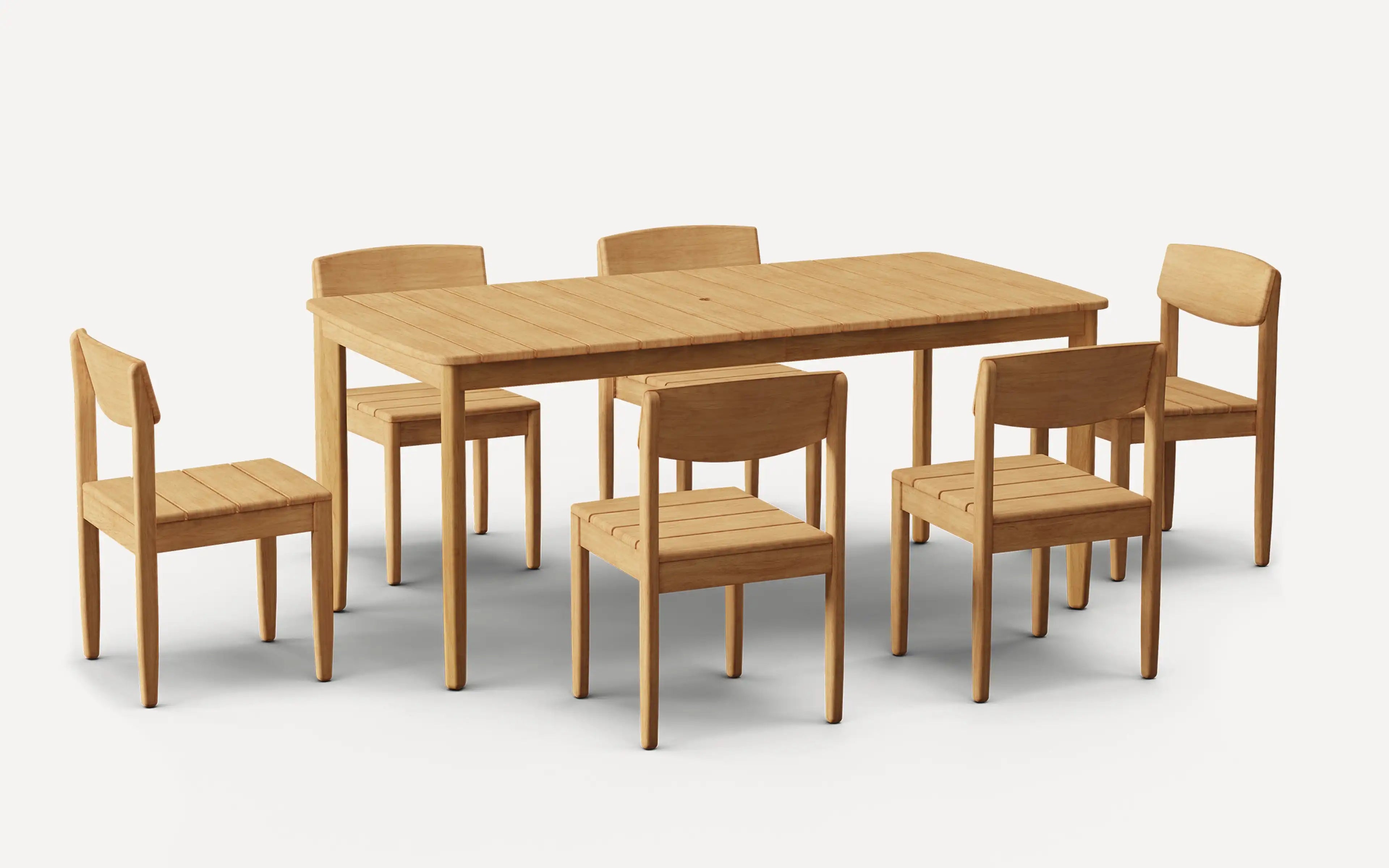 modern wooden dining table with four chairs and a rectangular wooden dining table set on a white background